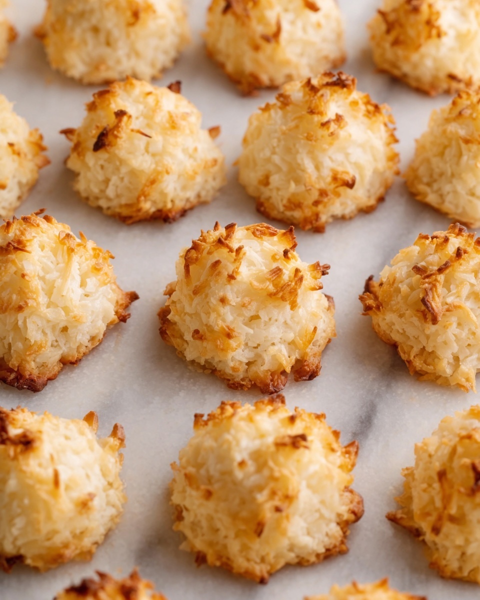 The image shows a white marble surface with evenly spaced golden brown coconut macaroons arranged in neat rows. Each macaroon is roughly dome-shaped with a textured, crispy top made of toasted coconut flakes that add a rough and slightly uneven surface. The bottoms are smooth and slightly rounded, lighter in color compared to the toasted top, showing a light beige shade. The macaroons have a delicate balance of rough crispy edges and a soft center visible from slight cracks on some pieces. The lighting highlights the golden tones and fine coconut texture well. Photo taken with an iphone --ar 4:5 --v 7