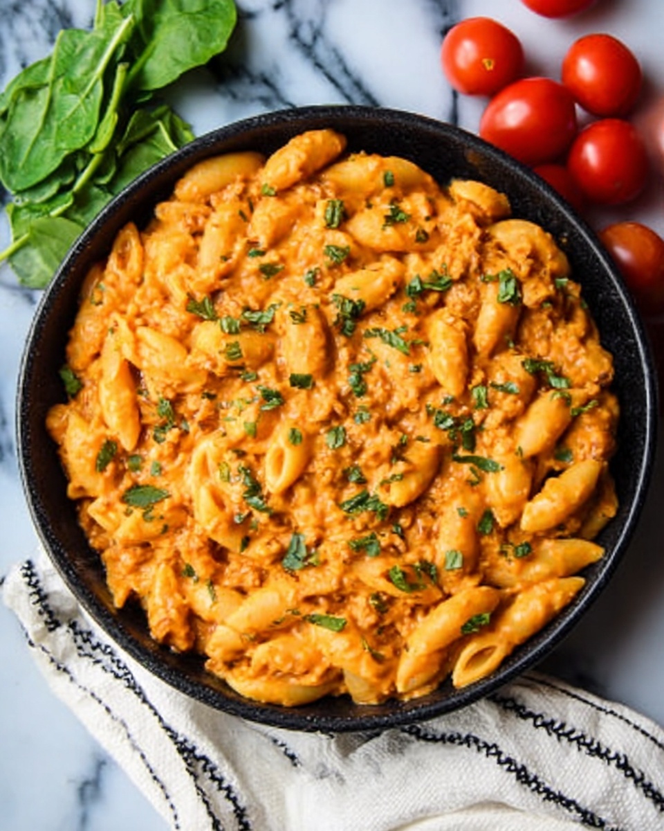 This image shows a round black bowl filled with pasta in a creamy orange sauce. The pasta is rigatoni, fully covered in the thick sauce with bits of green herbs sprinkled on top. The bowl is on a white marbled surface, and around it there are a few cherry tomatoes, some green leaves, and a block of cheese. The orange pasta sauce looks smooth and rich, and the green herbs add a fresh touch on top. photo taken with an iphone --ar 4:5 --v 7