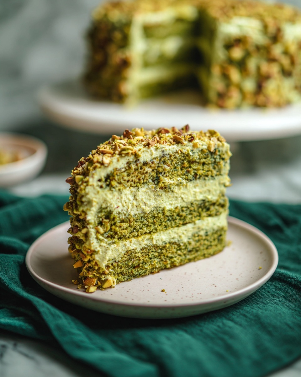 A slice of green cake sits on a white plate over a dark green cloth, showing three thick layers of dense green cake with two layers of creamy green frosting in between, both having a textured look with small bits mixed in. The top of the slice is also covered with the same green frosting sprinkled with crunchy nut pieces. In the background, a blurred whole cake with the same green layers and nut topping is visible on a white marbled surface. Photo taken with an iphone --ar 4:5 --v 7