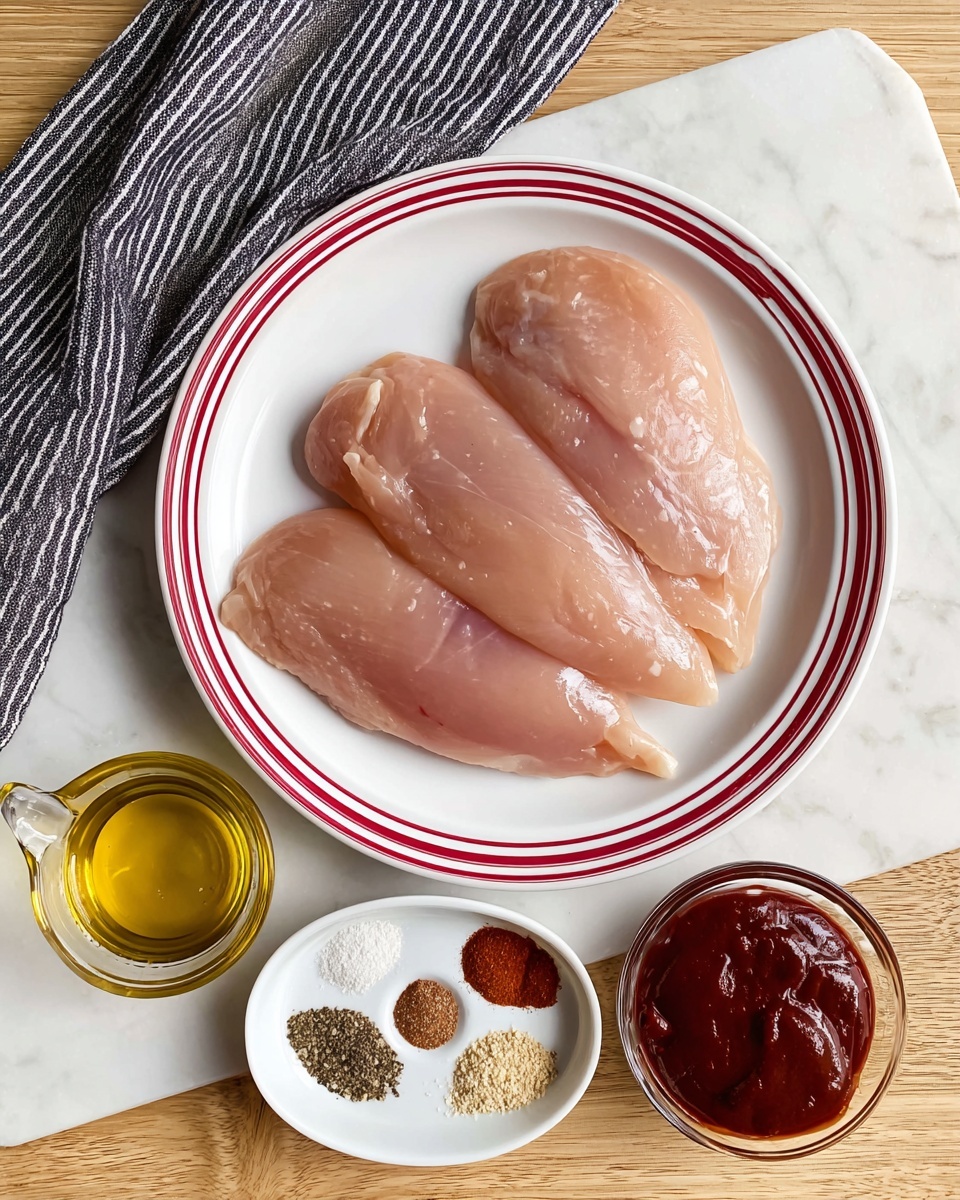 A white plate with red stripes holds three large, raw, pale pink chicken fillets, arranged to overlap slightly on a white marbled surface. Below the plate, from left to right, there is a small clear measuring cup filled with golden olive oil, a small white bowl divided into five sections with different dry spices including black pepper, salt, garlic powder, paprika, and onion powder, and another small white bowl filled with thick, glossy dark red barbecue sauce. A striped black and white cloth is folded and placed to the left side of the plate photo taken with an iphone --ar 4:5 --v 7