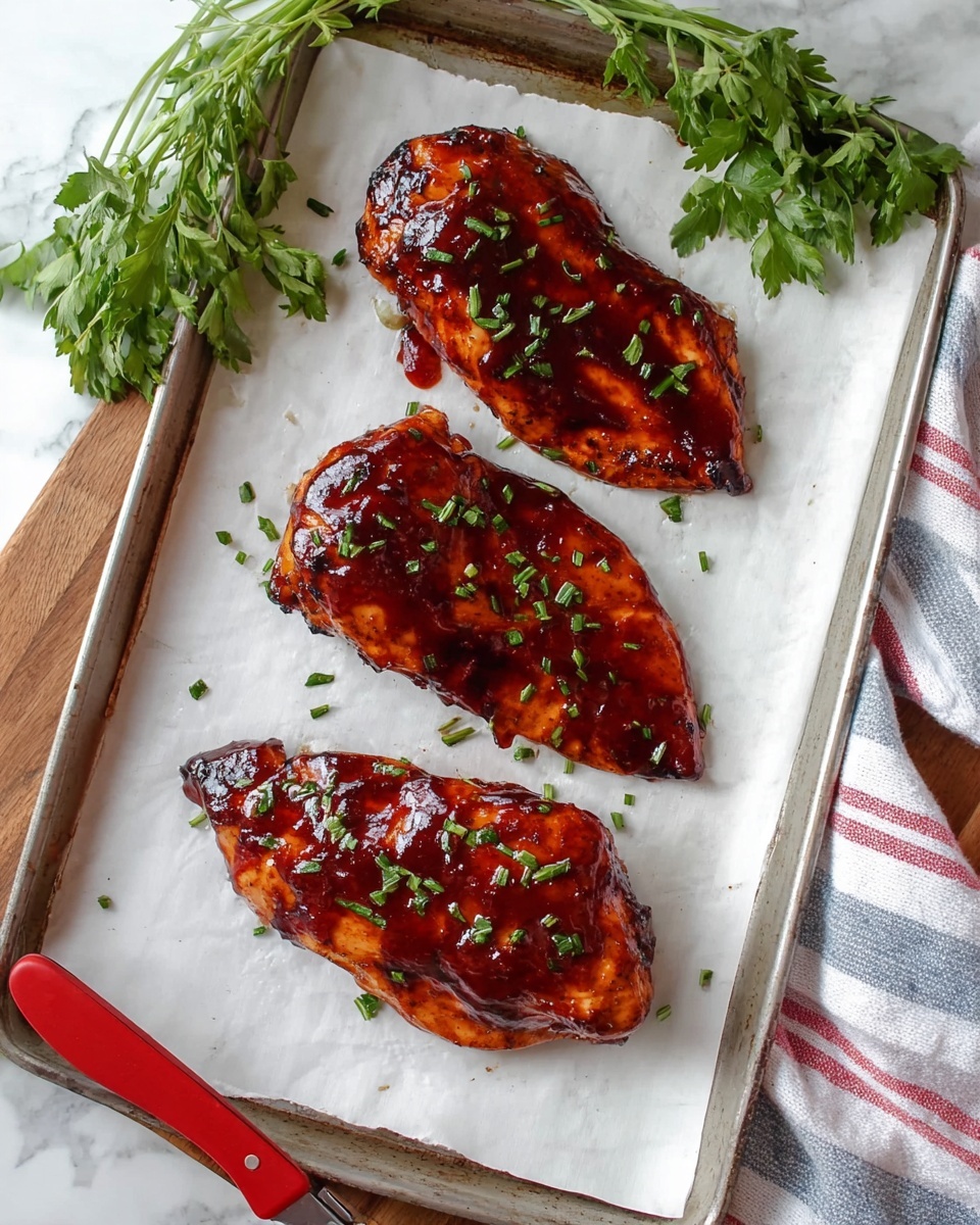 Three pieces of grilled chicken on a white parchment-lined baking tray, each piece covered in a shiny, thick, dark reddish-brown sauce with a glossy texture. Small bits of chopped green herbs are sprinkled evenly over the chicken and parchment paper. The tray is placed on a white marbled surface next to a bunch of fresh green herbs and a red-handled tong on a striped white and blue cloth. The photo taken with an iphone --ar 4:5 --v 7