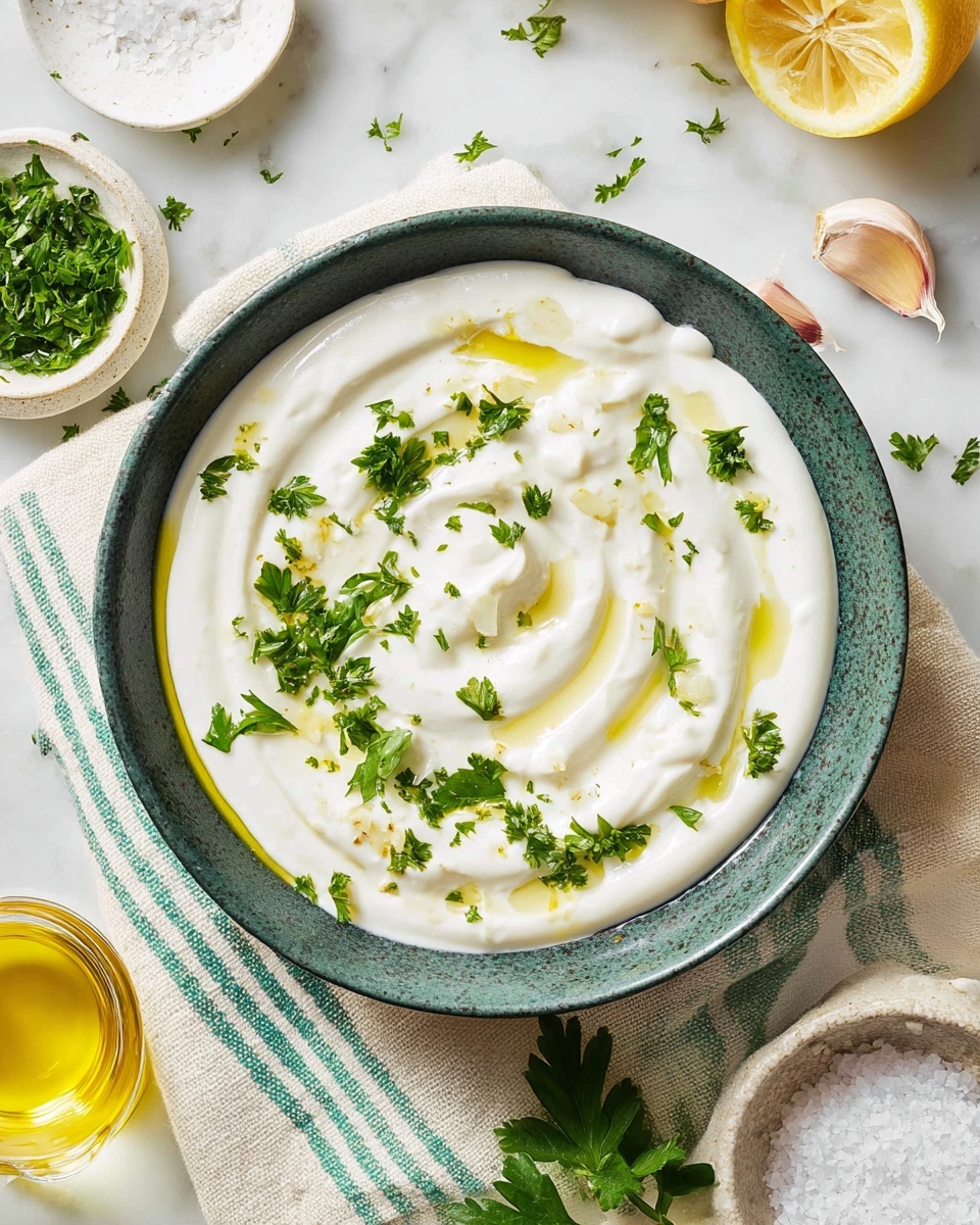 A top-down view of a bowl of creamy white yogurt sauce spread in a smooth swirl inside a dark green ceramic bowl with a subtle speckled texture. The sauce is drizzled with golden olive oil and sprinkled with bright green parsley leaves, some chopped finely and others whole, scattered on top. The bowl sits on a white marbled surface with a light beige cloth with green stripes folded underneath it. Around the bowl, there are ingredients like two garlic cloves with papery skins, a halved lemon, a small white dish holding chopped parsley, and a small bowl filled with coarse sea salt. A small glass container of olive oil is partly visible at the bottom left. The scene is bright and fresh, evoking a clean and natural feeling. Photo taken with an iphone --ar 4:5 --v 7