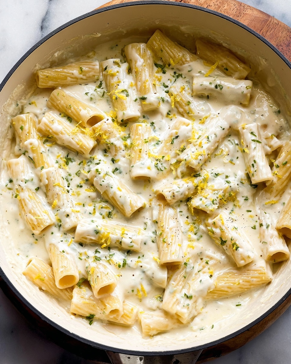 The image shows a white pan filled with rigatoni pasta covered in a creamy white sauce. The sauce has small green herb bits evenly spread throughout and a light sprinkle of grated cheese and tiny yellow zest pieces on top. The pasta is thick, tube-shaped, and mostly horizontal, partially submerged in the sauce, with some sauce flowing around and between the pasta pieces. The pan sits on a white marbled surface with a bit of brown wood visible in the upper part of the photo. Photo taken with an iphone --ar 4:5 --v 7