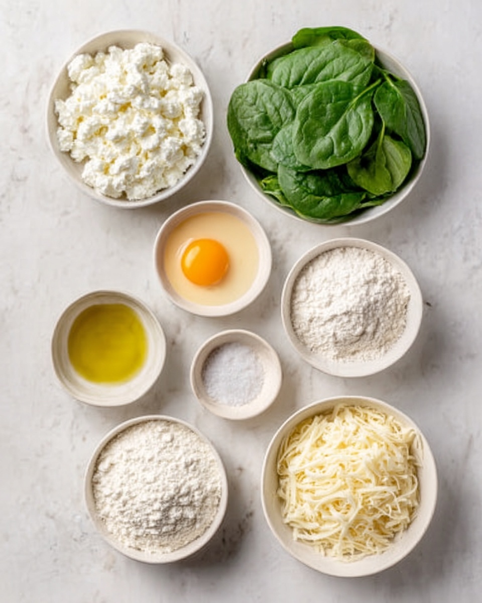The image shows seven small white bowls on a white marbled surface, each containing different ingredients. Starting from the top left, there is a bowl filled with white cottage cheese, next to it a bowl of fresh green spinach leaves. Below the cottage cheese is a bowl with a single raw egg yolk sitting in the middle, and to the right of that is a bowl with white flour. Below these, a small bowl has coarse white salt, next to it is a bowl filled with light golden olive oil, and in the last bowl, white shredded cheese is piled up. photo taken with an iphone --ar 4:5 --v 7