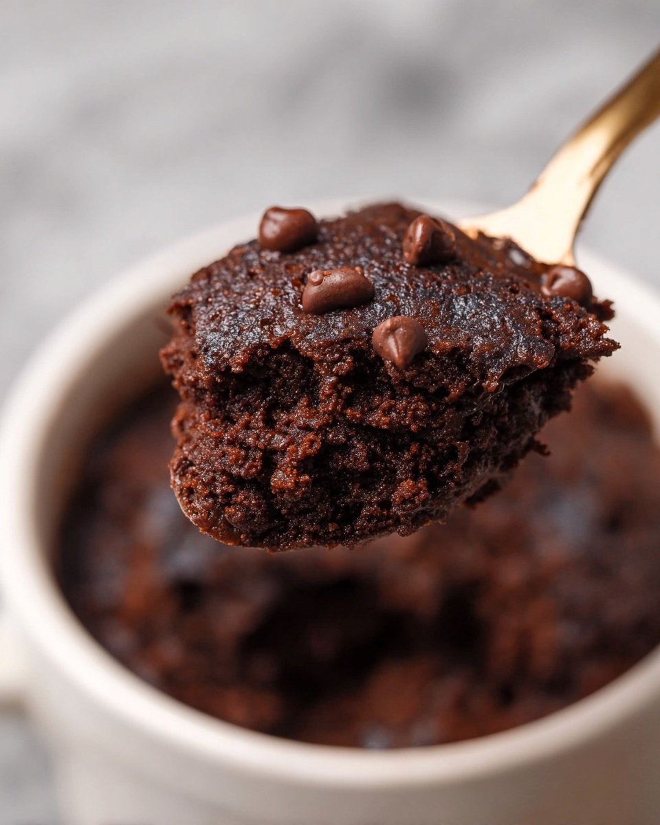 A close-up of a dark brown chocolate dessert spoonful lifted above a bowl showing a moist and soft texture with small chocolate chips on top, the spoon is gold-colored, while the bowl is white; the background is a white marbled texture. Photo taken with an iphone --ar 4:5 --v 7
