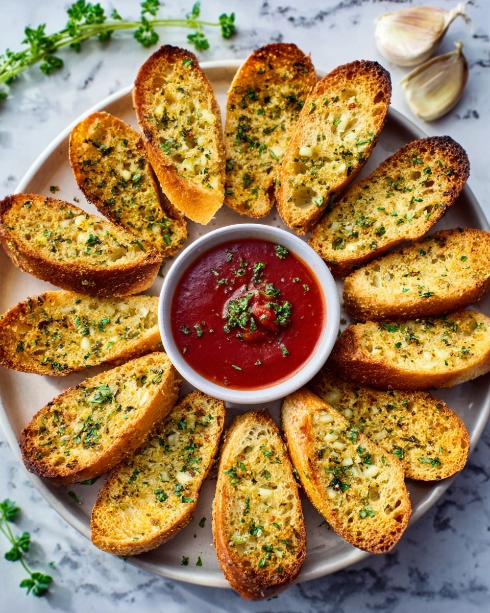 The image shows a white round plate with eleven pieces of golden toasted bread arranged in a circle around a small clear bowl filled with bright red sauce in the center. Each bread piece has a textured, crunchy, and slightly browned surface topped with green chopped herbs. The plate is placed on a white marbled surface with some green herbs scattered around for decoration. photo taken with an iphone --ar 4:5 --v 7