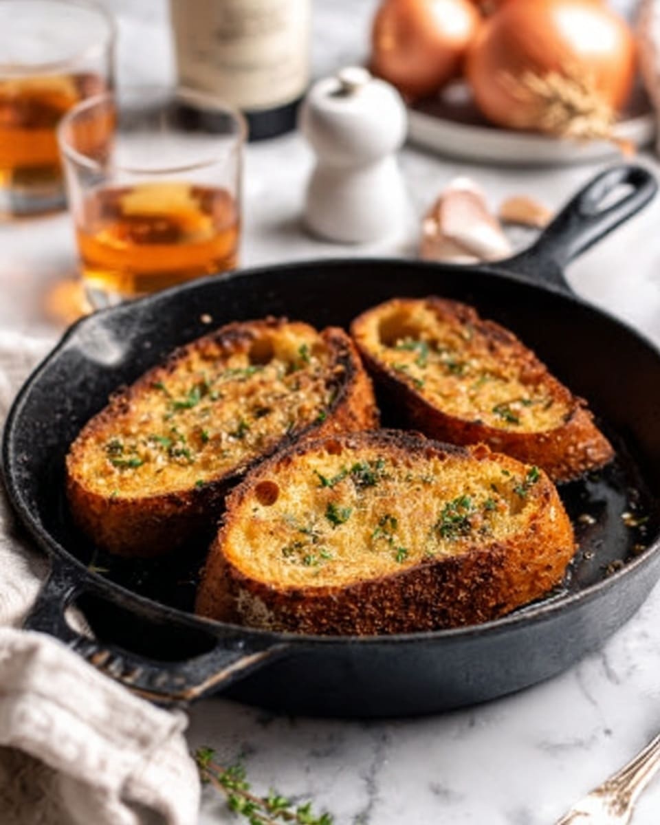 The image shows a black skillet with three thick slices of toasted bread inside. The bread is golden brown with a crunchy texture, sprinkled with green herbs on top. The skillet sits on a white marbled surface, and in the background, there are blurred kitchen items including onions, two glasses with amber liquid, a white pepper grinder, and a white cloth. A woman's hand holds the skillet handle, and the lighting highlights the warm tones of the toasted bread. Photo taken with an iphone --ar 4:5 --v 7