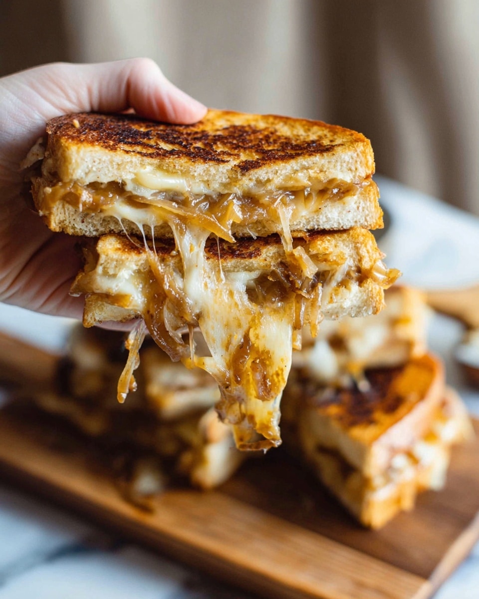 A toasted sandwich held by a woman's hand showing two golden brown bread slices with a crispy texture on top and bottom. Inside, there are thick layers of melted cheese and caramelized onions that stretch out in long, thin, shiny strands. The sandwich is opened slightly with cheese and onions hanging down, displaying a gooey, soft mix of yellowish cheese and brown onions. In the background, more sandwiches stacked on a wooden board sit on a white marbled surface. The lighting highlights the warm colors and textures of the sandwich photo taken with an iphone --ar 4:5 --v 7