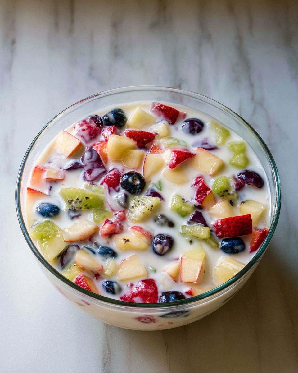 A clear glass bowl filled with mixed fruit soaked in creamy white liquid sits on a white marbled surface. The fruits include visible small red strawberries, dark blue blueberries, green kiwi pieces, light yellow apple chunks, and pale red apple skin bits, all cut in small pieces and evenly mixed. The colors of the fruits pop against the white liquid, creating a fresh and colorful look. The bowl is round with a smooth rim and transparent sides, showing the layers of fruit and liquid inside. Photo taken with an iphone --ar 4:5 --v 7