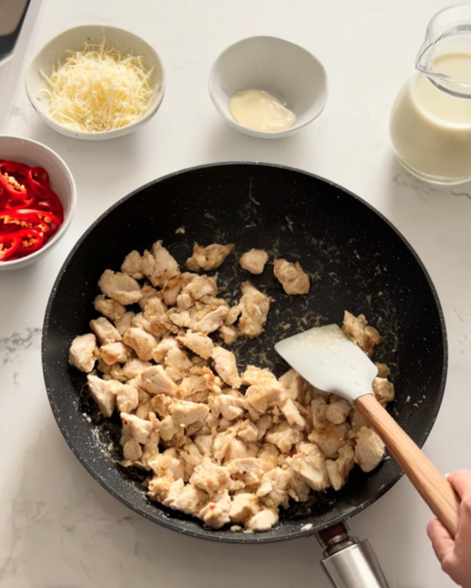 The image shows a large black pan placed on a white marbled surface, filled with small pieces of light beige cooked chicken being stirred by a spatula with a wooden handle held by a woman's hand. In the background, there are three small white bowls: one with shredded cheese, another with red sliced peppers, and a small glass pitcher filled with a light cream-colored liquid. The setting is bright with a clean, simple look. photo taken with an iphone --ar 4:5 --v 7