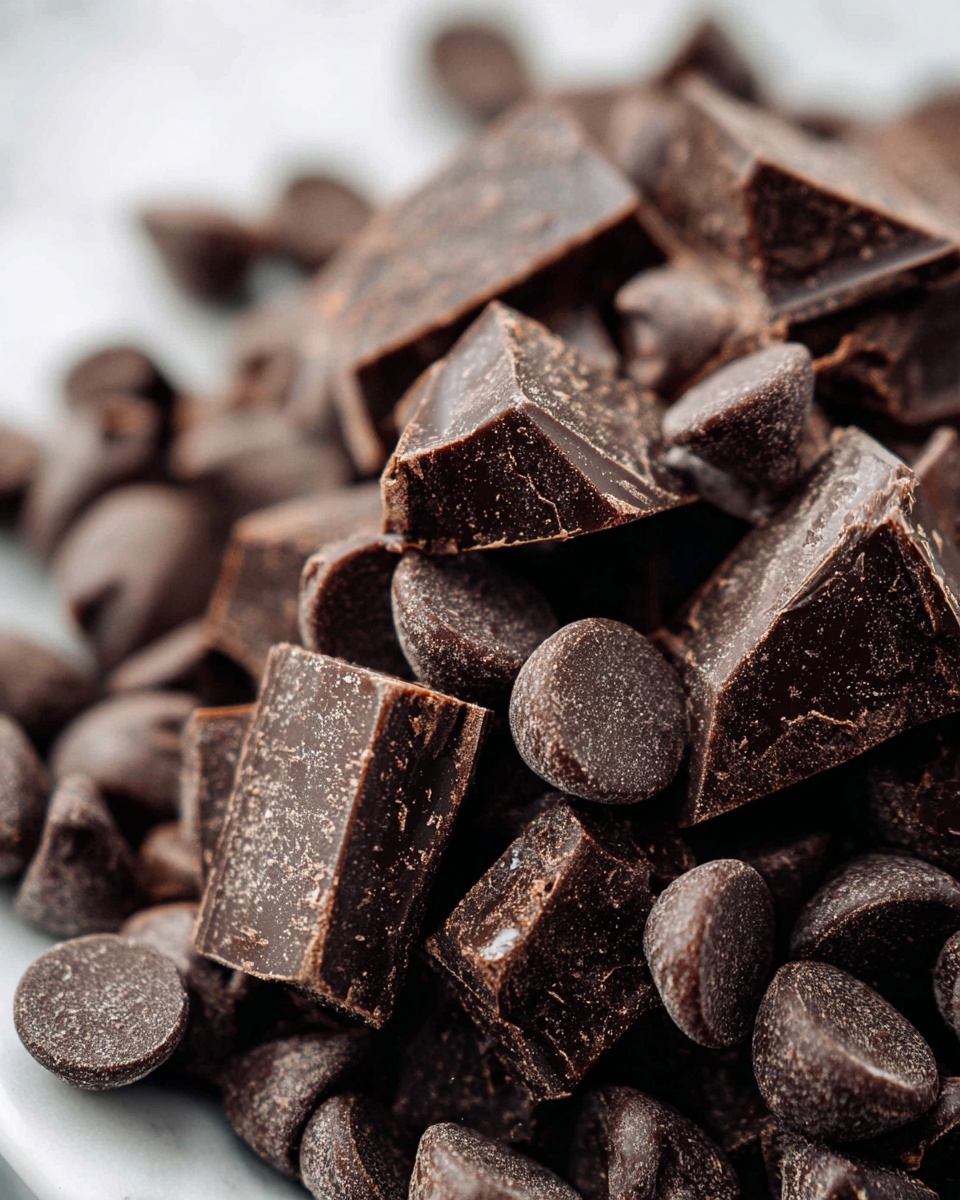 The image shows a close-up of dark chocolate chunks and chocolate chips piled together. The pieces are mostly square and round, with rough surfaces and a matte finish. The chocolate is deep brown with some light dusting, making the texture look slightly powdery. Some chunks have sharper edges, while the chips have a smooth, curved top. The background is a white marbled surface, and part of a white bowl is visible holding the chocolate. photo taken with an iphone --ar 4:5 --v 7