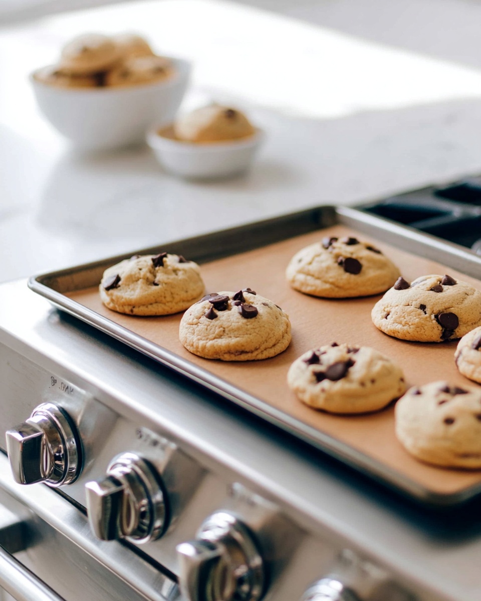 A baking tray holds eight light brown cookies with chocolate chips scattered on top, each cookie slightly risen and soft-looking with a gentle cracked texture. The tray is placed on a modern silver stove with shiny round control knobs visible in the foreground. In the blurred background, there is a small white bowl filled with more of the same cookies. The scene is set on a white marbled surface with natural light giving a warm, inviting feel. photo taken with an iphone --ar 4:5 --v 7
