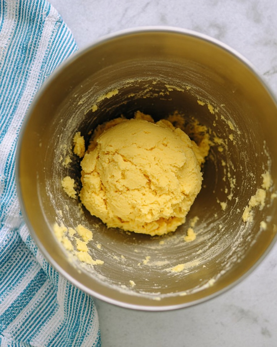 A close-up image showing a silver mixing bowl containing a single ball of yellow dough with a crumbly and slightly rough texture, placed in the middle. The bowl is on a white marbled surface with a striped blue and white cloth to the left side. The inside walls of the bowl have some dough stuck to them, showing the mixing process. photo taken with an iphone --ar 4:5 --v 7