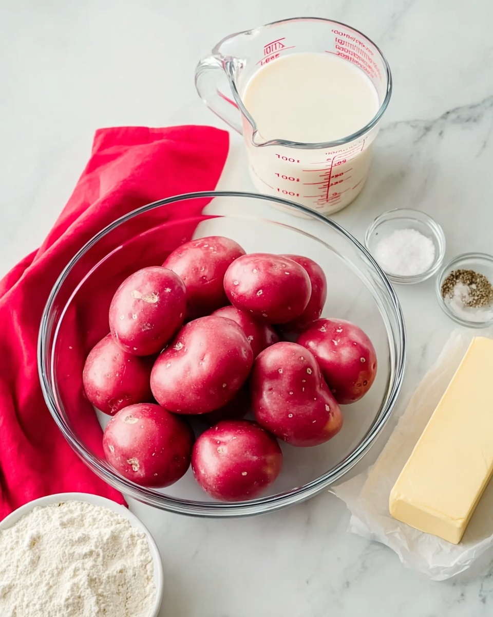 The image shows a clear glass bowl full of smooth, round red potatoes with a slightly shiny skin placed at the center on a white marbled surface. Behind it, a glass measuring cup filled with white milk sits on the top right, with clear measurement markings. To the right of the bowl is a small clear dish holding salt and pepper. Below the bowl, there is an unwrapped stick of butter with a yellow color on white paper. At the bottom left corner, a small white bowl contains white flour. A bright red apron with a soft fabric texture is partially visible in the top left corner, resting on the white marbled surface. Photo taken with an iphone --ar 4:5 --v 7