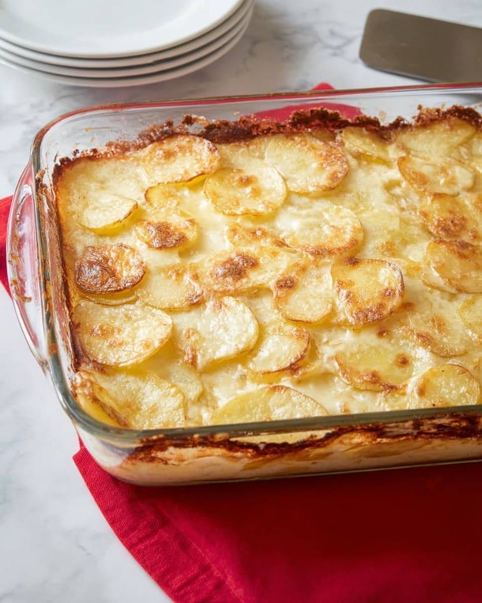 The image shows a clear glass baking dish filled with a layered potato dish. The top layer has thin, round slices of potatoes that are lightly browned and slightly crispy at the edges, with a soft and creamy texture visible underneath. The potato slices are arranged evenly, with a golden tint where they are baked, and some small spots of melted cheese or sauce peeking through. The dish sits on a white marbled surface, with a stack of white plates and a spatula in the background. Part of a red cloth is also visible near the bottom edge of the image. Photo taken with an iphone --ar 4:5 --v 7