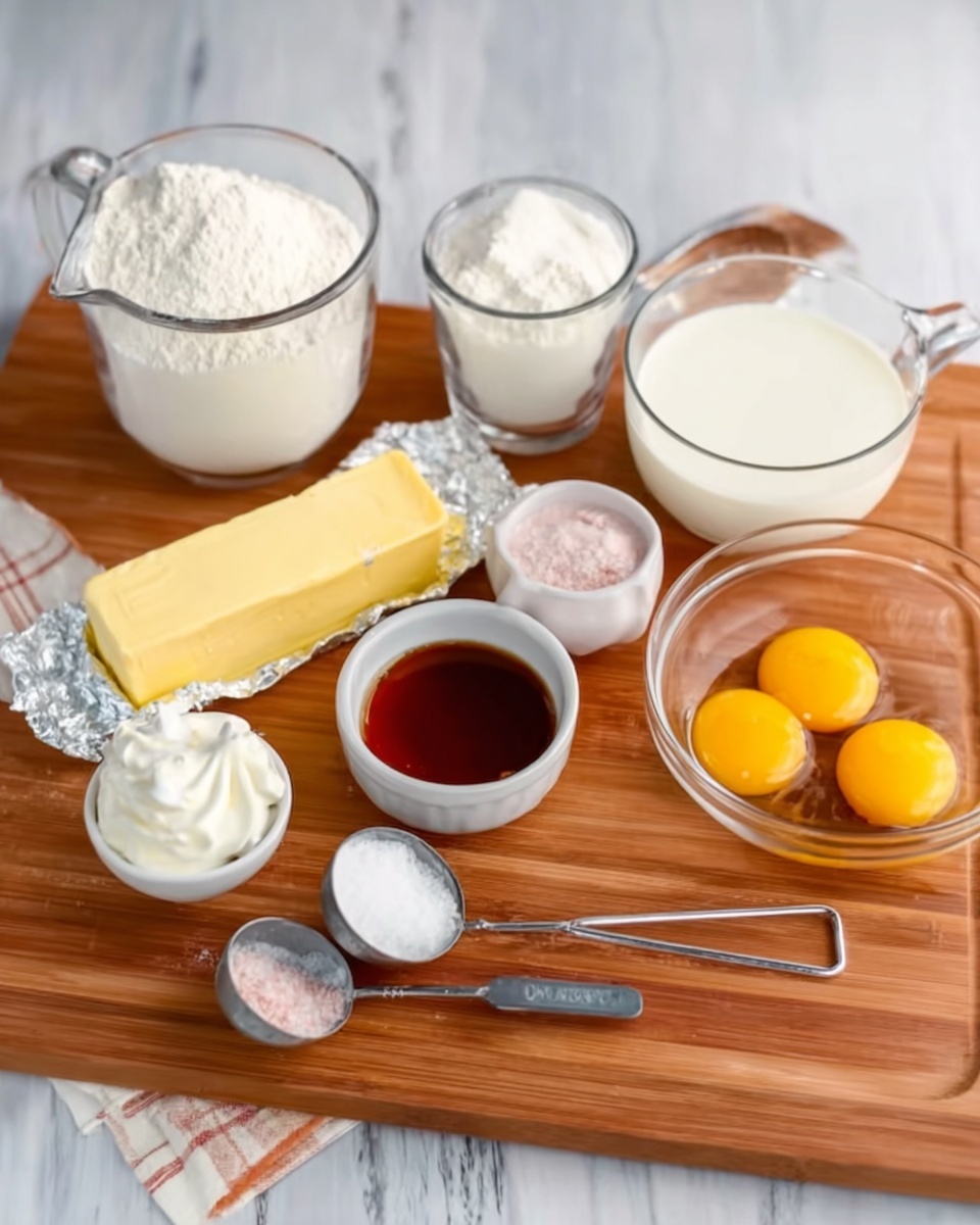 The image shows several baking ingredients arranged on a wooden board. At the back, there are two clear glass measuring cups, one with white flour and the other with white sugar. To the right of them is a small clear glass bowl filled with a white liquid, likely milk. In front of these, there's a stick of yellow butter partially wrapped in foil, laying atop the board. Next to the butter, there is a small white bowl with brown vanilla extract, and another small white bowl with a dollop of white sour cream. In the front center, two metal measuring spoons rest on the board, one with baking powder and the other with pink salt. To the right, a clear glass bowl holds two cracked eggs with bright yellow yolks inside. The background is a white marbled texture. Photo taken with an iphone --ar 4:5 --v 7