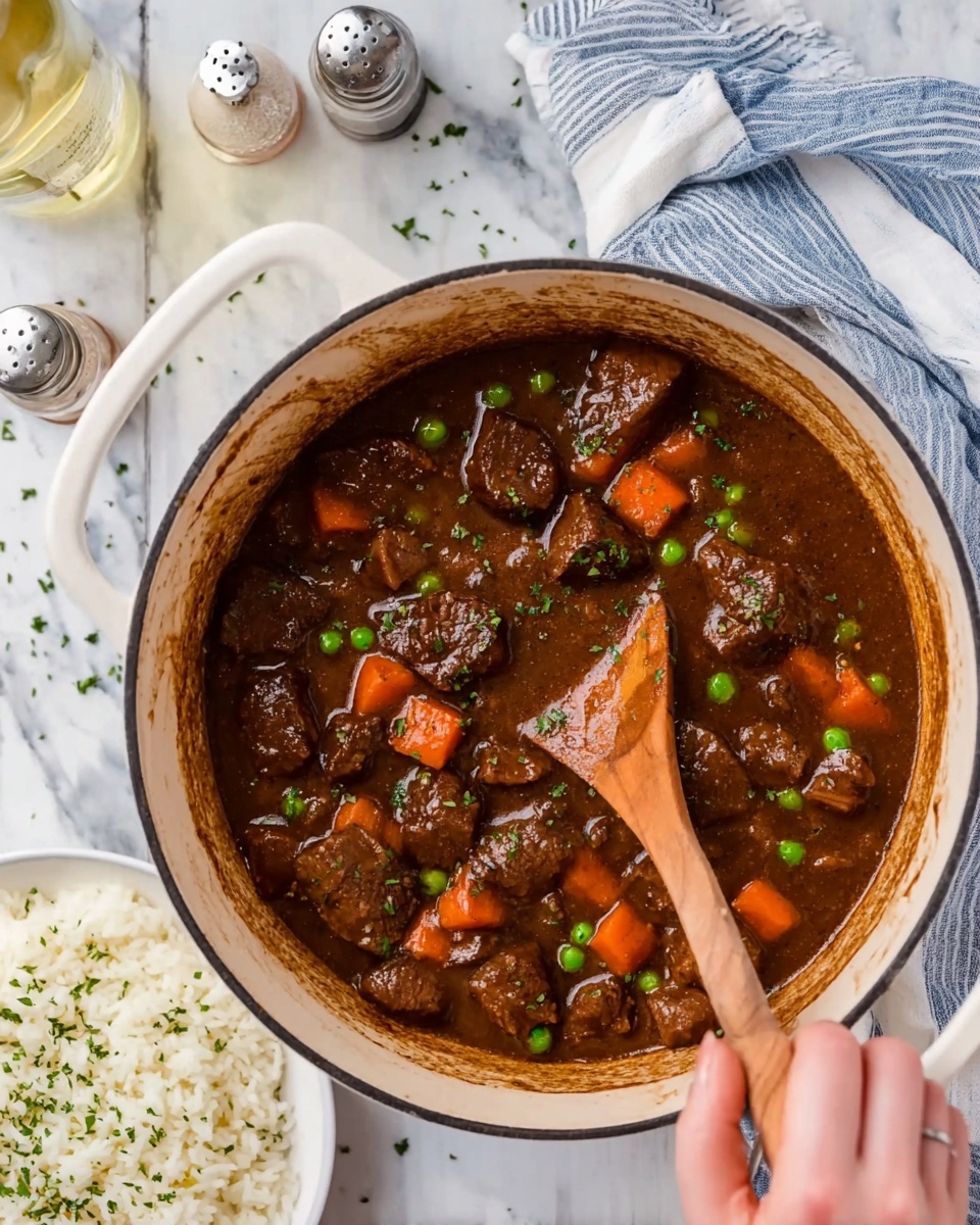 A close-up top view of a white pot filled with a rich brown stew containing chunks of tender dark brown meat, bright orange carrot pieces, and small green peas, with some sauce splashes around the rim; a woman's hand holding a wooden spoon stirring the stew on the right side, a white plate with fluffy white rice sprinkled with green herbs visible at the bottom left, and a white marbled surface underneath with a striped blue and white cloth partially visible near the woman's hand, alongside salt and pepper shakers and a bottle with light yellow liquid on the upper left corner, photo taken with an iphone --ar 4:5 --v 7