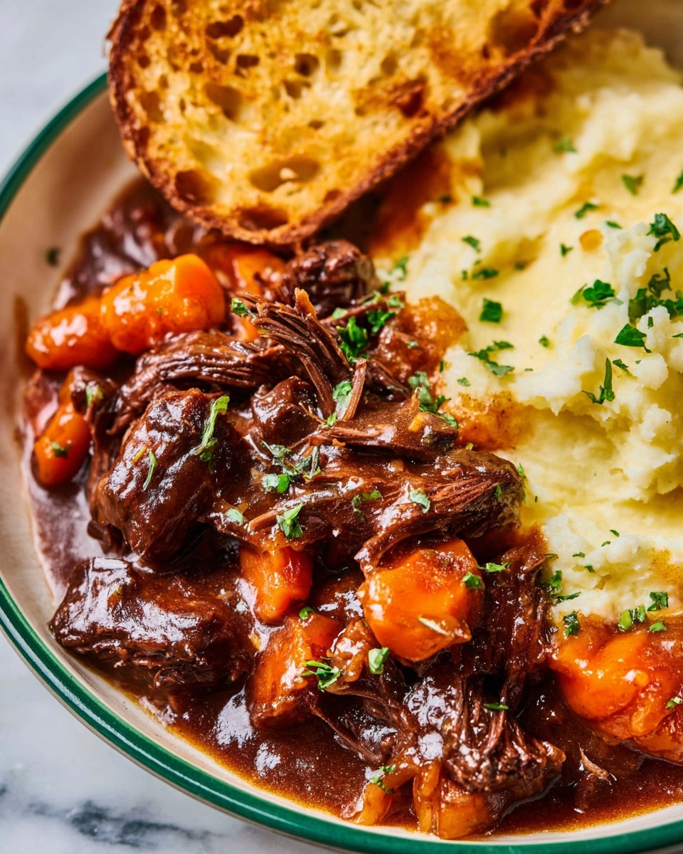 The image shows a close-up of a dish with three main layers: shredded brown beef pieces covered in dark brown gravy on the left, bright orange carrot chunks with bits of green herbs mixed in the middle, and smooth creamy mashed potatoes on the right side. The mashed potatoes have a soft texture and are topped with small green herb pieces, and next to them is a piece of toasted bread with a golden brown crust. The entire dish sits on a white plate with a green rim, placed on a white marbled surface. photo taken with an iphone --ar 4:5 --v 7