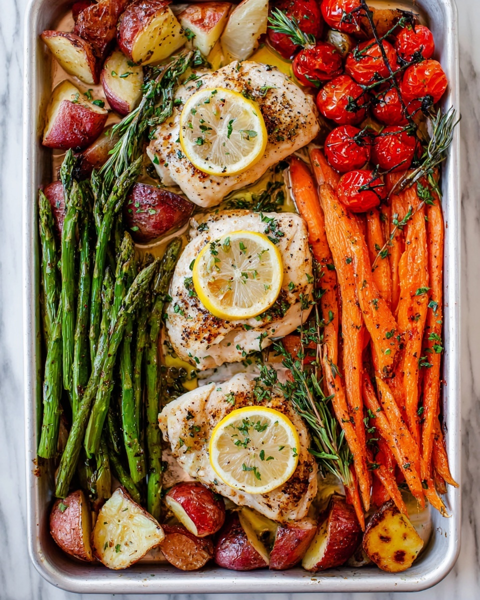 A white baking tray filled with three cooked chicken pieces, each topped with a thin lemon slice and sprinkled with green herbs and black pepper. Around the chicken are bright orange roasted carrots with slightly charred tips on the right side, green asparagus spears with light char marks placed mostly on the left and middle parts, roasted red-skinned potato chunks scattered underneath, and clusters of red roasted cherry tomatoes on the vine mainly on the upper right. The whole dish sits on a white marbled surface. photo taken with an iphone --ar 4:5 --v 7