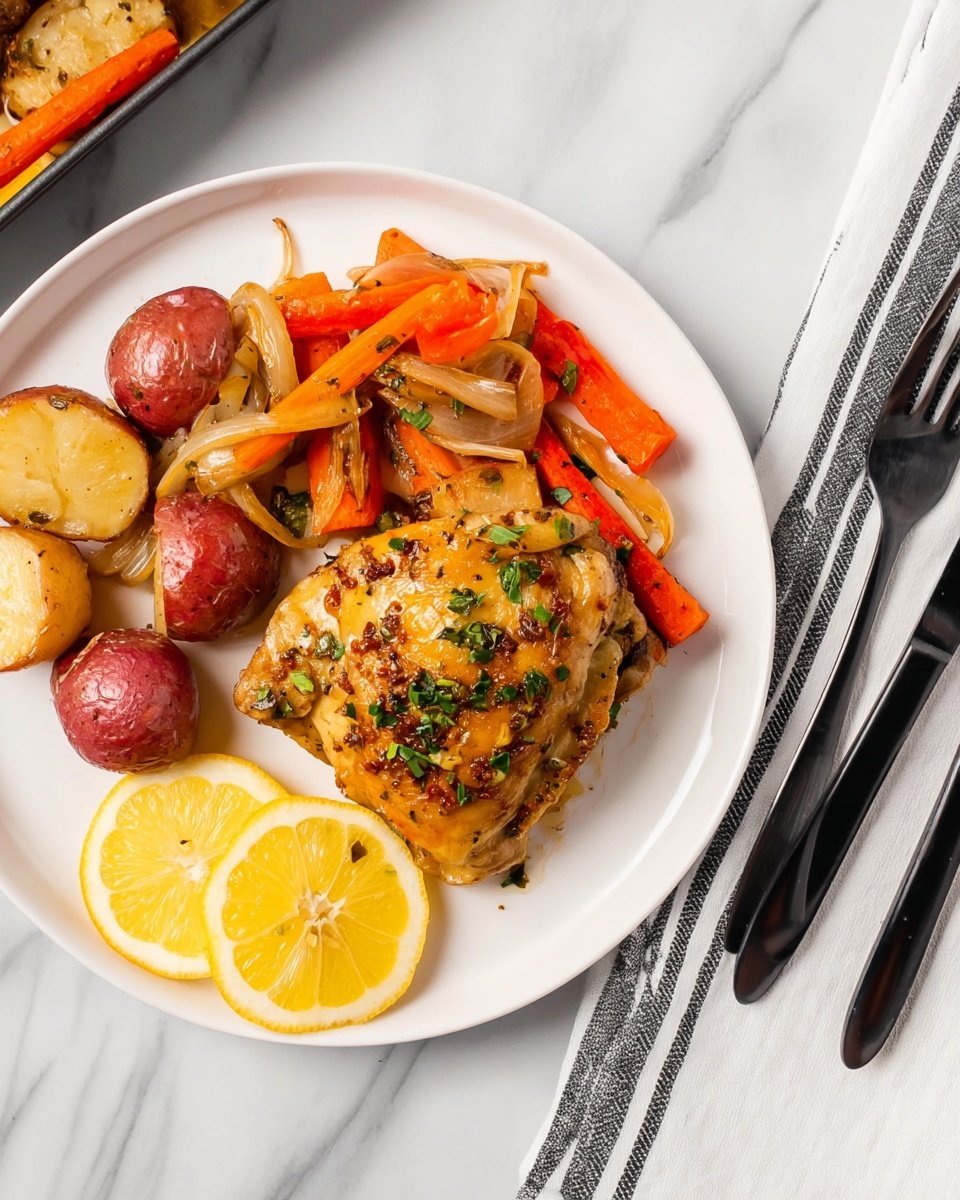 A white plate holds one piece of cooked chicken with a golden-brown skin, topped with scattered green herbs and small bits of seasoning. To the left of the chicken, there is a mix of red baby potatoes, bright orange carrot slices, translucent cooked onions, and thin strips of red bell pepper, all slightly shiny from cooking. Below the plate, two thin lemon slices sit on a white marbled surface. To the right, a black fork and knife rest on a white cloth with black stripes. Photo taken with an iphone --ar 4:5 --v 7