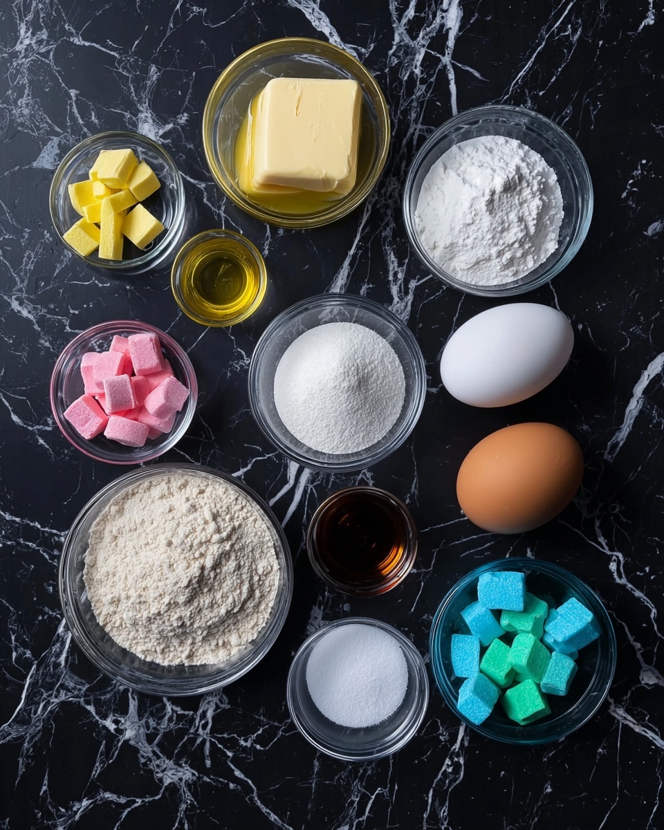 The image shows an overhead view of several ingredients arranged neatly on a black marbled surface now changed to white marbled texture. There are two white eggs and two brown eggs placed near the center right. Around them are small clear glass bowls with different contents: a larger bowl with butter, a bowl with white flour, another with powdered sugar, and smaller bowls with granulated sugar, salt, and baking powder. In addition, there are colorful pieces of candy or small blocks in pink, yellow, blue, and green in separate glass bowls. There are also two small amounts of liquid in very small clear bowls, one golden yellow and one dark brown. The arrangement is clean and organized, showing a mix of textures including powder, solid blocks, and smooth liquids. photo taken with an iphone --ar 4:5 --v 7