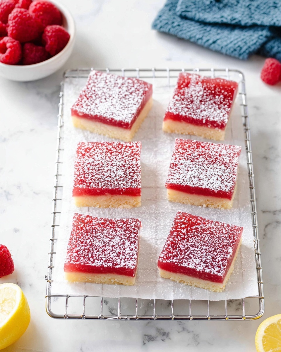 Six square fruit jelly bars sit on a silver cooling rack lined with white parchment paper. Each bar has a thin red jelly layer on top with a dusting of white powdered sugar, and a light beige crust at the bottom, showing two layers in total. The rack rests on a white marbled surface, with a small white bowl filled with red raspberries in the top left corner, part of a blue cloth napkin in the top right, a single raspberry near the bottom left, and a sliced yellow lemon partially visible at the bottom. The image is bright and clean. photo taken with an iphone --ar 4:5 --v 7
