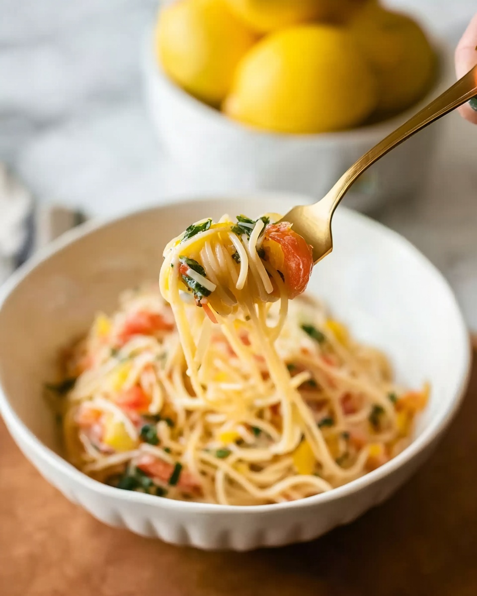 A golden fork held by a woman's hand lifts a small bundle of thin noodles mixed with small pieces of tomato and green herbs. Below, a white bowl filled with a creamy pasta dish shows noodles tangled with bits of yellow and green, suggesting herbs and vegetables mixed in. The background reveals a blurry white bowl full of bright yellow lemons resting on a white marbled surface. The overall colors are warm and soft, focusing on the creamy pasta with fresh touches of red and green. photo taken with an iphone --ar 4:5 --v 7