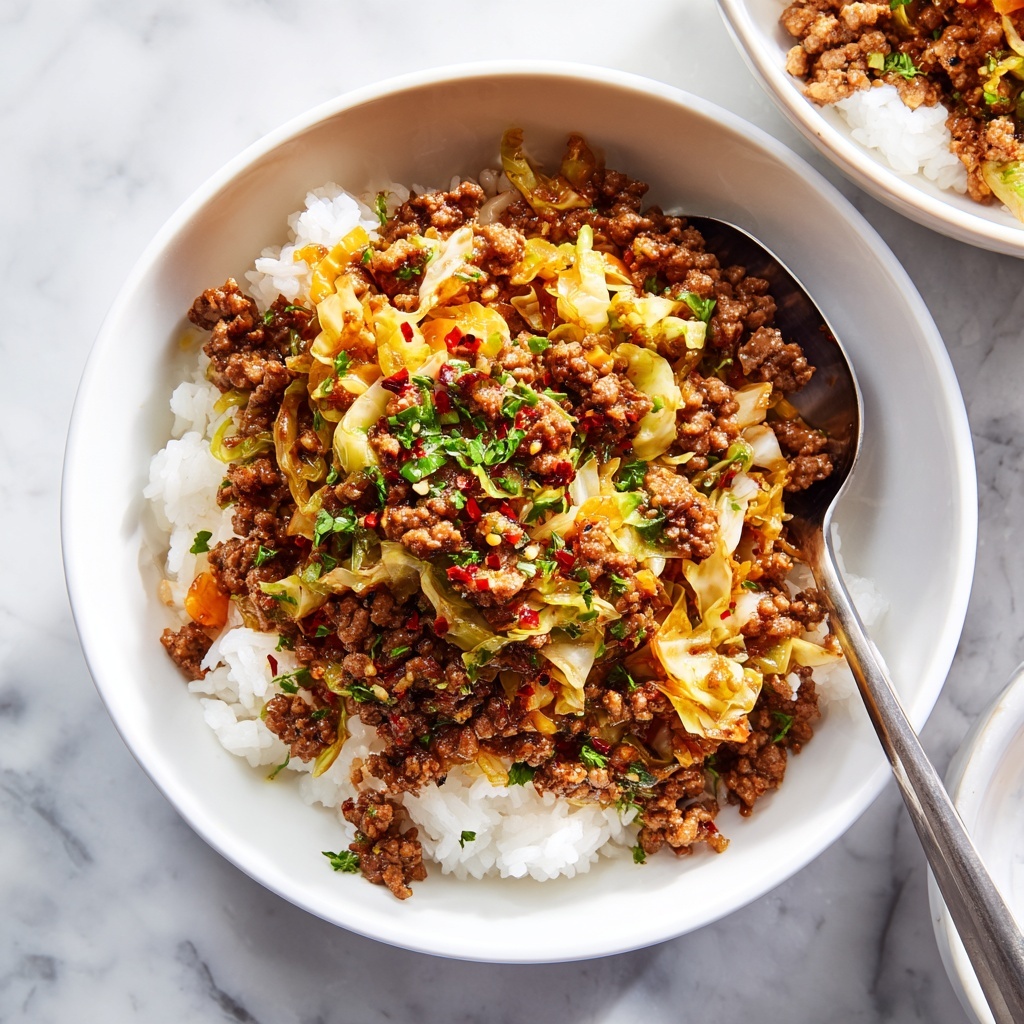 A white bowl filled halfway with white rice is topped with layers of cooked ground beef and soft, curly orange noodles mixed together. The beef is browned with small crumbles visible, while the noodles look tender and slightly shiny, covering the top of the rice in an uneven layer. A spoon is resting inside the bowl, ready to scoop. The bowl sits on a white marbled surface with another similar bowl partially visible in the background. Photo taken with an iphone --ar 4:5 --v 7