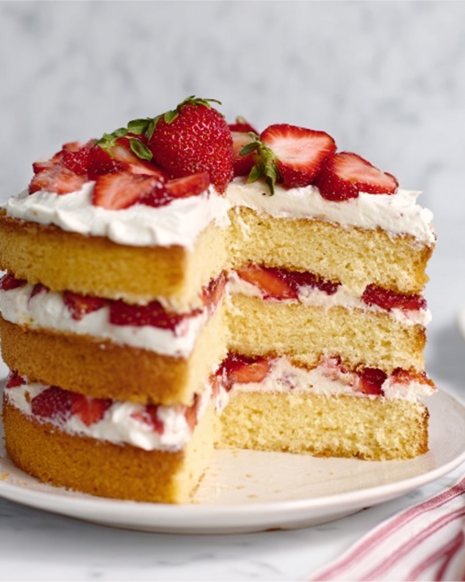 The image shows a tall, three-layered vanilla cake on a white plate. Each layer is thick and light yellow, with even slices of red strawberries mixed into white cream filling between the layers. The top layer is covered with a thick layer of white cream and decorated with whole and sliced strawberries scattered on top. The background is a white marbled texture, and the photo looks bright and fresh. Photo taken with an iphone --ar 4:5 --v 7