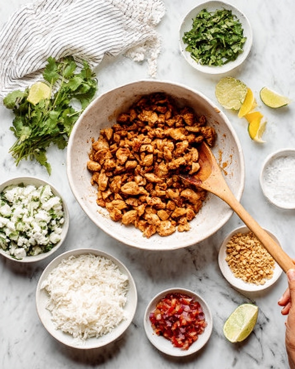 A white bowl in the center is full of small browned pieces of chicken mixed with spices, with a wooden spoon stirring them. Below and around the bowl are six small white bowls with different side ingredients: white rice mixed with green herbs and a lime wedge, crushed nuts or crumbs in golden color, fine white salt, fresh red salsa, small chopped green leaves, and thin onion slices. On the top left, a white striped cloth holds fresh green herbs and a lemon wedge. All of this is set on a white marbled surface. A woman's hand is holding the wooden spoon inside the chicken bowl. photo taken with an iphone --ar 4:5 --v 7