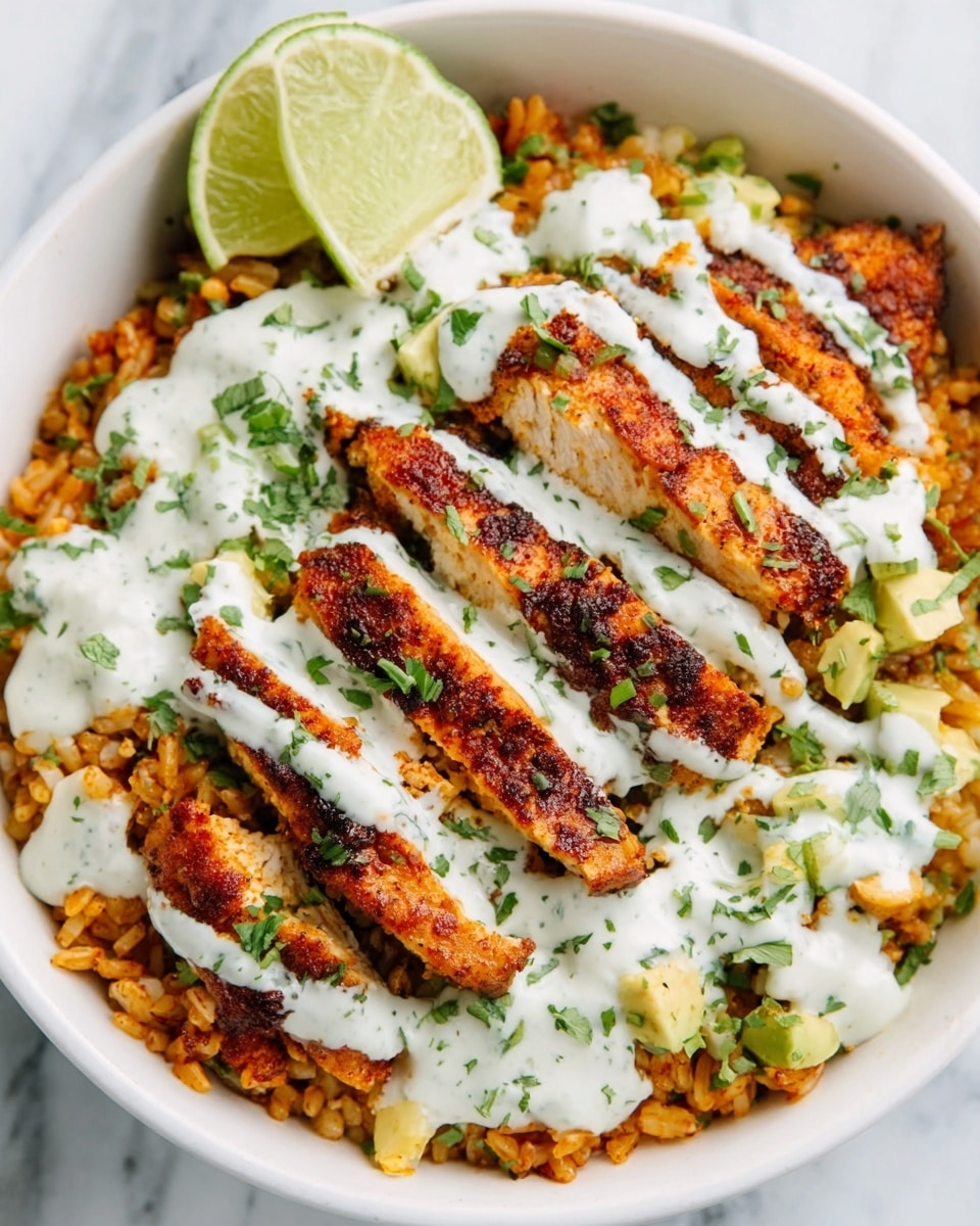 A white bowl filled with a layered dish featuring a base of seasoned rice and beans mixed together, topped with several pieces of grilled chicken that have a golden-brown color with a slightly crispy texture. On top of the chicken, there are even stripes of a creamy white sauce drizzled across the dish. Garnishing includes finely chopped green herbs scattered over everything and a wedge of lime placed on the side near the top of the bowl. The bowl sits on a white marbled surface. Photo taken with an iphone --ar 4:5 --v 7