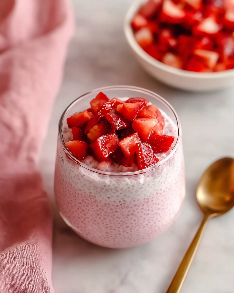 A clear glass filled with two layers: the bottom layer is light pink creamy chia pudding with visible chia seeds, and the top layer is a small heap of bright red chopped strawberries. The glass is on a white marbled surface next to a pink cloth on the left and a shiny gold spoon on the right. In the background, slightly out of focus, there is a white bowl filled with more chopped strawberries. The photo taken with an iphone --ar 4:5 --v 7