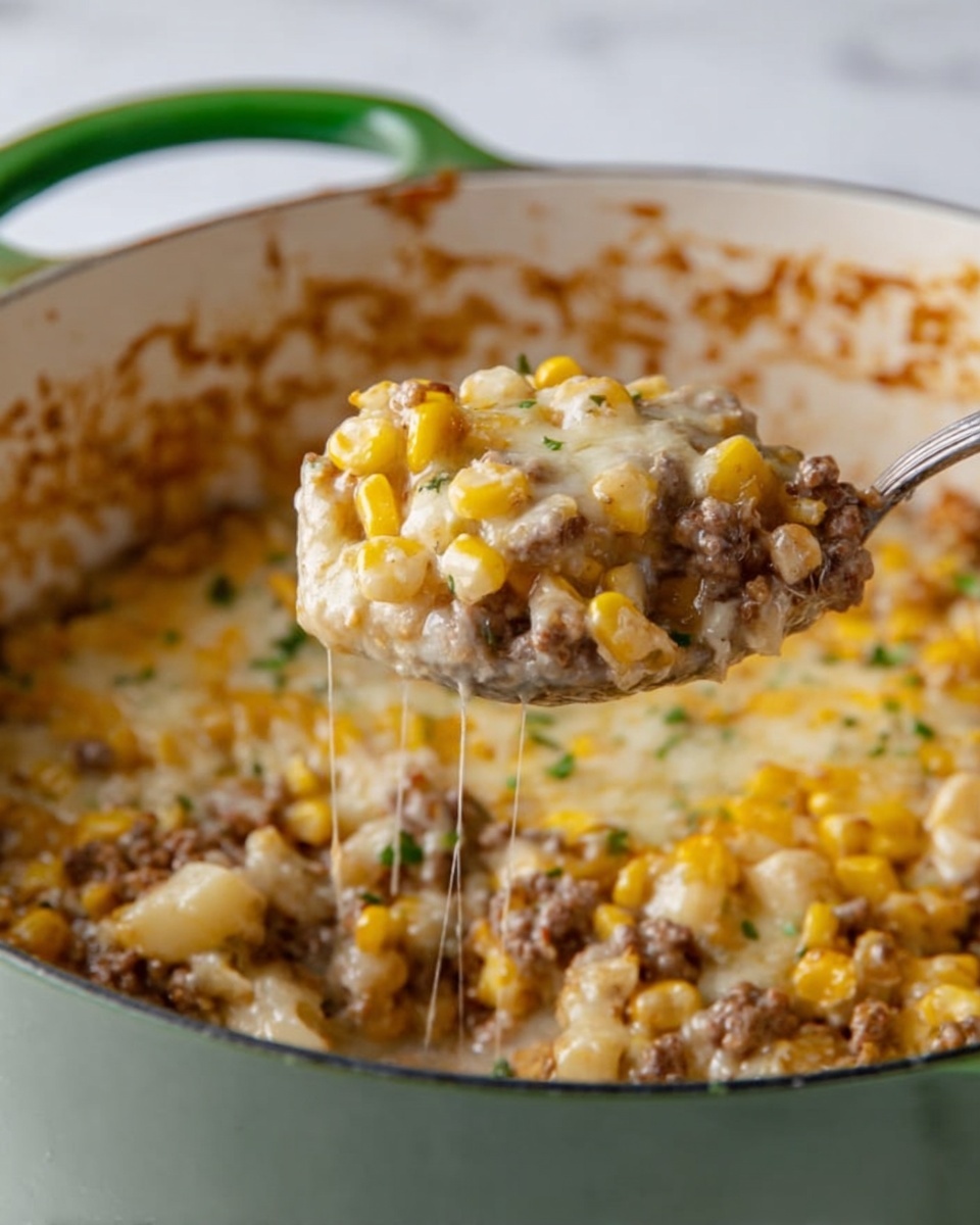 A close-up view of a spoon lifting a warm cheesy mixture from a white pot with green handles, resting on a white marbled surface. The mixture has three main layers: a base of cooked ground meat mixed with creamy sauce, followed by small corn kernels that add a bright yellow color, and topped with melted cheese that is pale yellow and slightly stringy. The inside walls of the pot show some brown sauce stains, adding a rustic touch to the image. Photo taken with an iphone --ar 4:5 --v 7