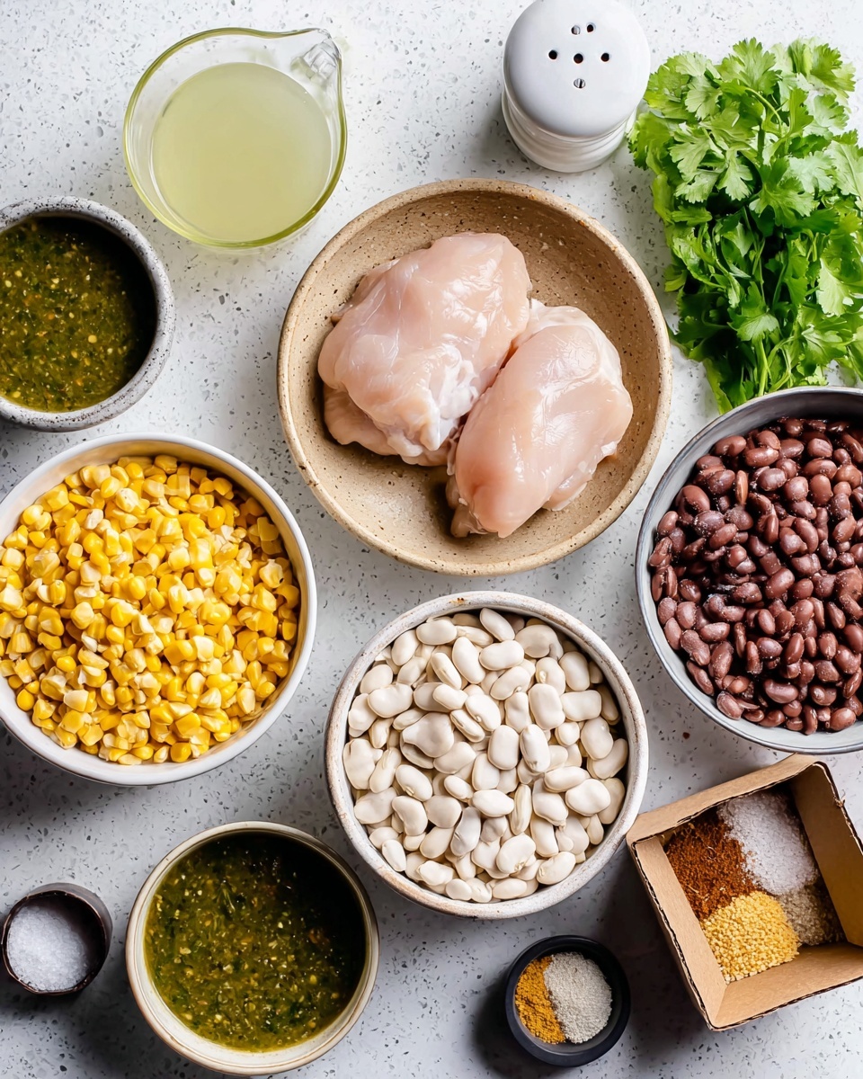 Several bowls with different ingredients on a white marbled surface are arranged in a flat lay style. In the middle, a tan bowl holds two raw, pale pink chicken pieces with smooth texture. To its right, a white bowl contains dark reddish-brown beans with a shiny, wet look. Above that is a brown bowl filled with white beans that have a matte, plump appearance. On the lower left, a white bowl is filled with bright yellow corn kernels that look fresh and juicy. Next to it, a small cardboard box holds fresh green cilantro leaves with a leafy and textured look. Above this, a white bowl is filled with a green sauce that has tiny seeds and a slightly thick texture. Small dishes with tan and brown seasoning powders and a small black dish with coarse white salt are scattered around. On the far left, a clear glass measuring cup holds a pale yellow liquid. A white pepper grinder is placed near the salt. Photo taken with an iphone --ar 4:5 --v 7