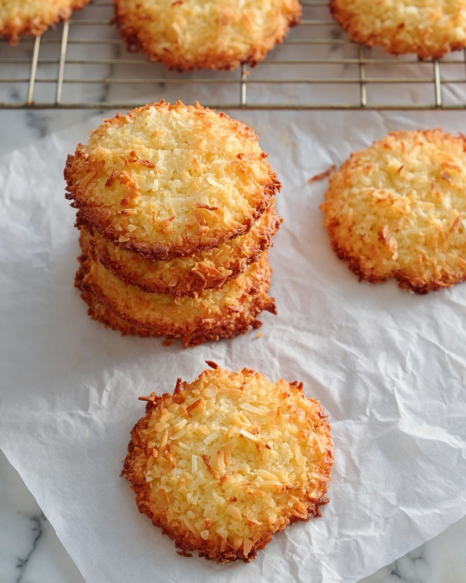 A stack of four golden brown cookies sits closely together on a slightly crinkled white paper, each cookie covered in toasted shredded coconut that adds a rough and crunchy texture. The cookies are thick and round, with a light uneven surface showing bits of coconut peeking out. The golden toasted edges contrast with the lighter yellowish center, making them look warm and crispy. In the blurred background, more cookies rest on a metal cooling rack, all on a white marbled textured surface. photo taken with an iphone --ar 4:5 --v 7