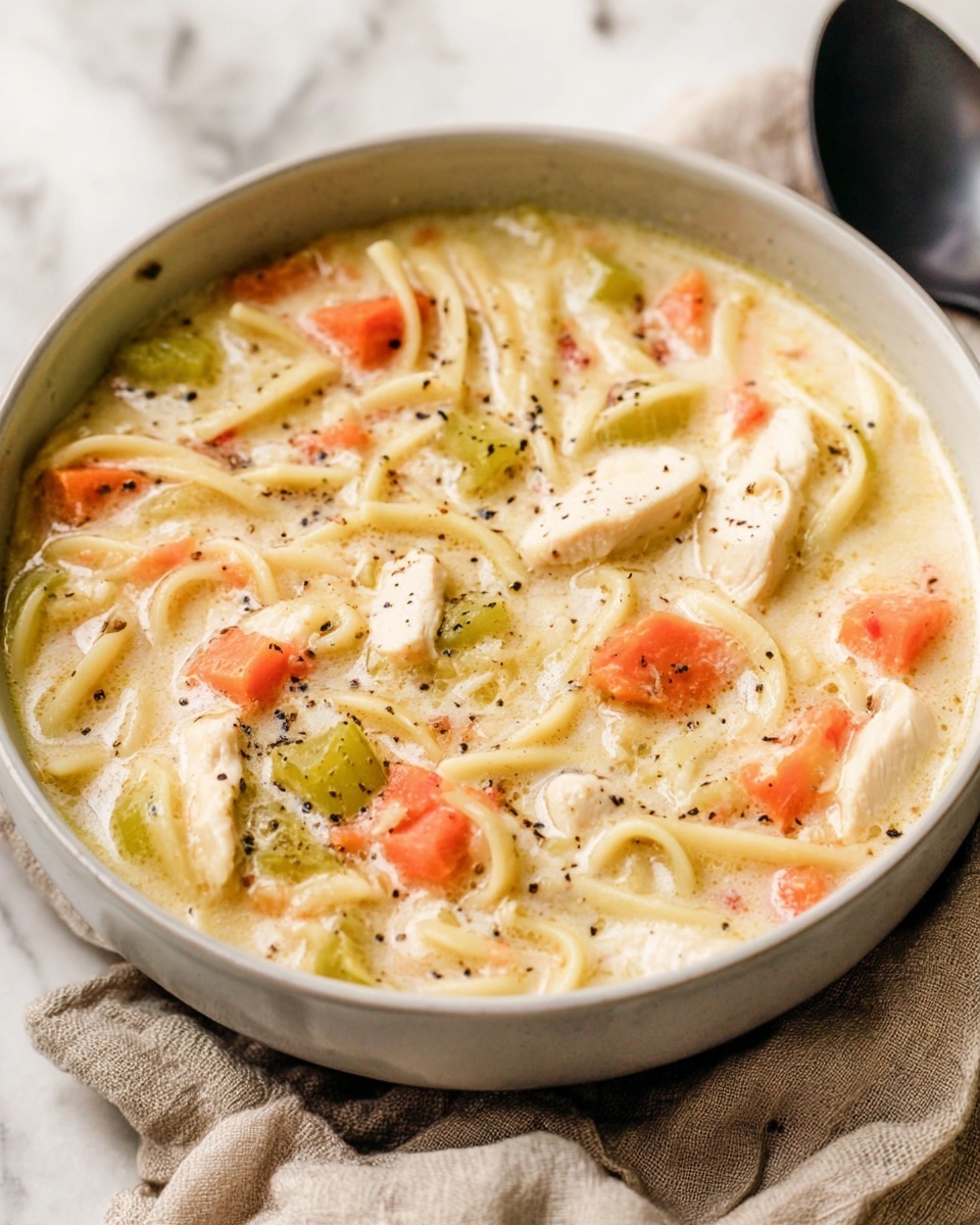 A bowl of creamy chicken noodle soup showing thick pale yellow broth filled with chunks of white chicken pieces, small orange carrot cubes, and light green celery pieces. Thin, soft-looking light yellow noodles twist through the soup layers, scattered evenly. Tiny black pepper flakes are sprinkled lightly on top, adding small dark specks. The soup is held in a white bowl, sitting on a beige linen cloth, all placed on a white marbled surface. photo taken with an iphone --ar 4:5 --v 7