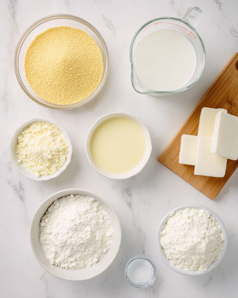 The image shows ingredients arranged on a white marbled surface from above. There is a glass measuring cup filled with a white liquid positioned at the top center. To the left, a clear bowl holds a fine, yellow powder with a sandy texture. Below that, a small white bowl contains a pale yellow liquid. In the middle right, a white bowl is heaped with a white powder. Below and to the right of that, another white bowl is filled with a more fluffy white powder. On the top right, a light wooden board holds three white rectangular blocks with a creamy texture. A very small clear cup with a tiny amount of a clear liquid is in the bottom right corner. The photo taken with an iphone --ar 4:5 --v 7