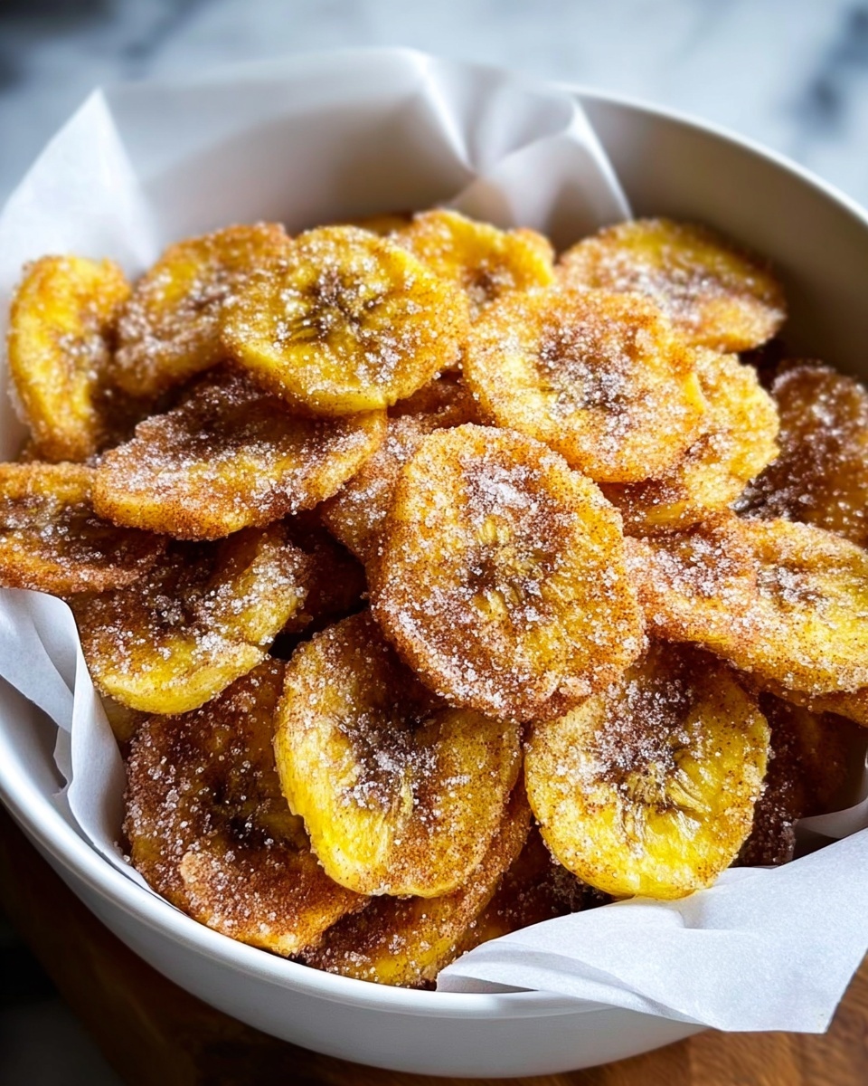 A white bowl lined with white parchment paper is full of round yellow plantain chips, each slice thin and crispy with a rough, golden-brown edge. The chips are sprinkled heavily with granulated sugar and a dusting of brown cinnamon powder, giving a sparkling coating over the surface. The chips overlap in layers, showing slightly different shades of yellow from light to darker golden, with the sugar crystals catching the light. The bowl sits on a white marbled surface. photo taken with an iphone --ar 4:5 --v 7