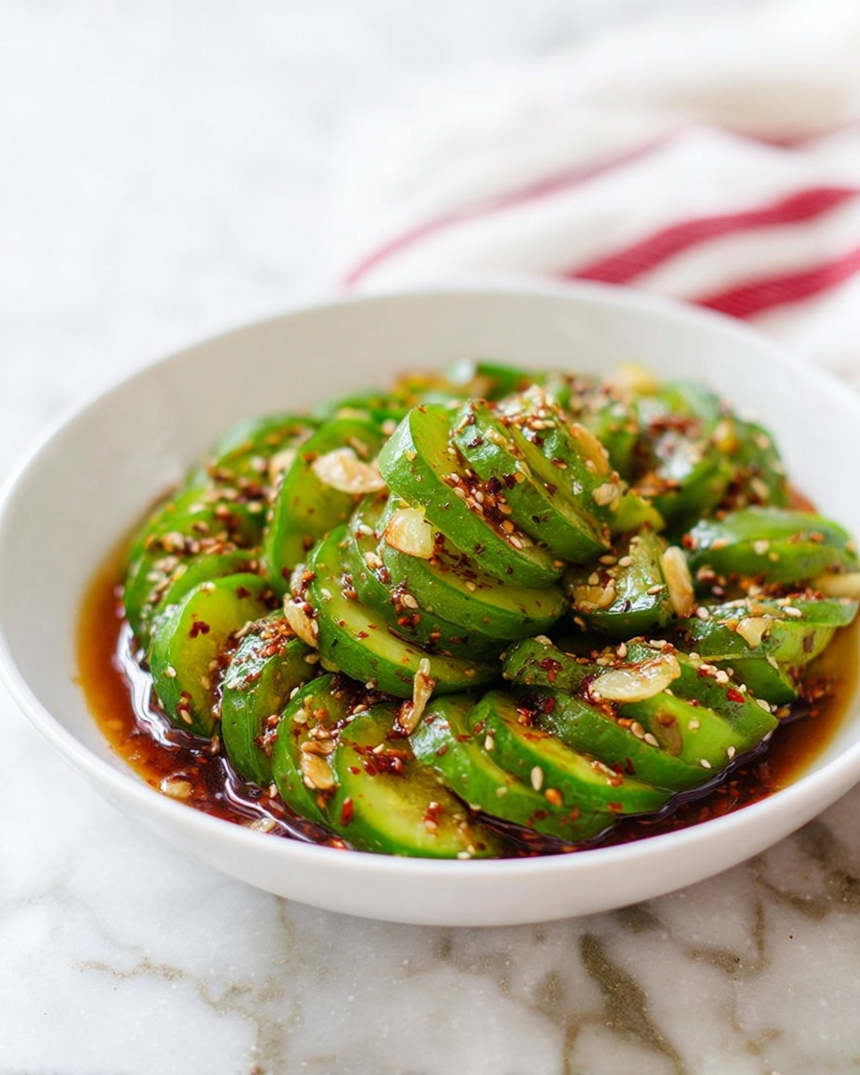 A white bowl filled with green cucumber slices arranged in a spiraled pile, each slice showing fresh, bright green skin and a slightly wet texture. The cucumber is covered with a dark reddish-brown sauce that has visible specks of spices including red chili flakes and sesame seeds, creating a textured look. Small pieces of garlic and seasoning are scattered evenly over the cucumber, enhancing the vibrant and appetizing appearance. The bowl sits on a white marbled surface with a soft, blurred background that includes a hint of a red-striped cloth. Photo taken with an iphone --ar 4:5 --v 7