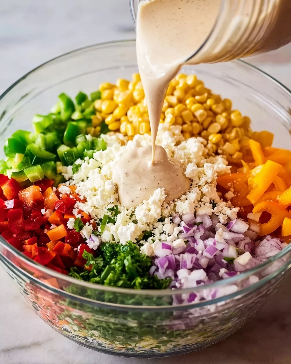 A clear glass bowl holds a colorful layered salad with green chopped peppers on the top left, bright yellow corn in the center, and orange bell peppers on the top right. Below these are chopped red bell peppers on the right side, finely chopped purple onions on the bottom left, and chopped green onions at the bottom center. In the middle, there is a layer of white cheese crumbles on top of chopped cilantro. A woman's hand is pouring a thick light beige dressing over the salad, dripping down the layers. The bowl sits on a white marbled surface. photo taken with an iphone --ar 4:5 --v 7