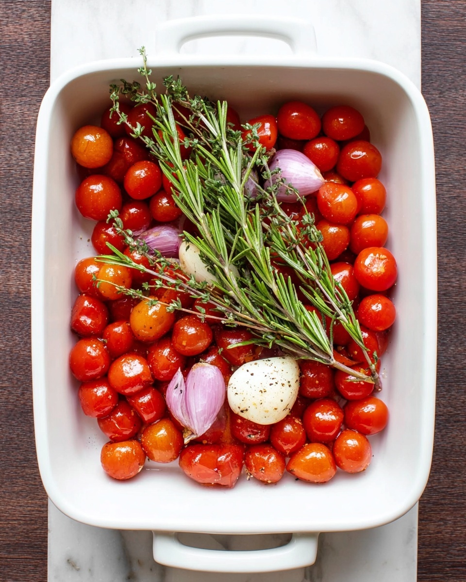 A white square baking dish is filled with bright red grape tomatoes forming the first layer, scattered evenly across the dish. On top, there are four fresh rosemary sprigs with long green needles placed diagonally and a few light purple shallots, some whole and some halved. A halved head of garlic with a light dusting of black pepper sits near the bottom. The dish rests on a white marbled surface, showing a prepared but uncooked mix of fresh vegetables and herbs. Photo taken with an iphone --ar 4:5 --v 7