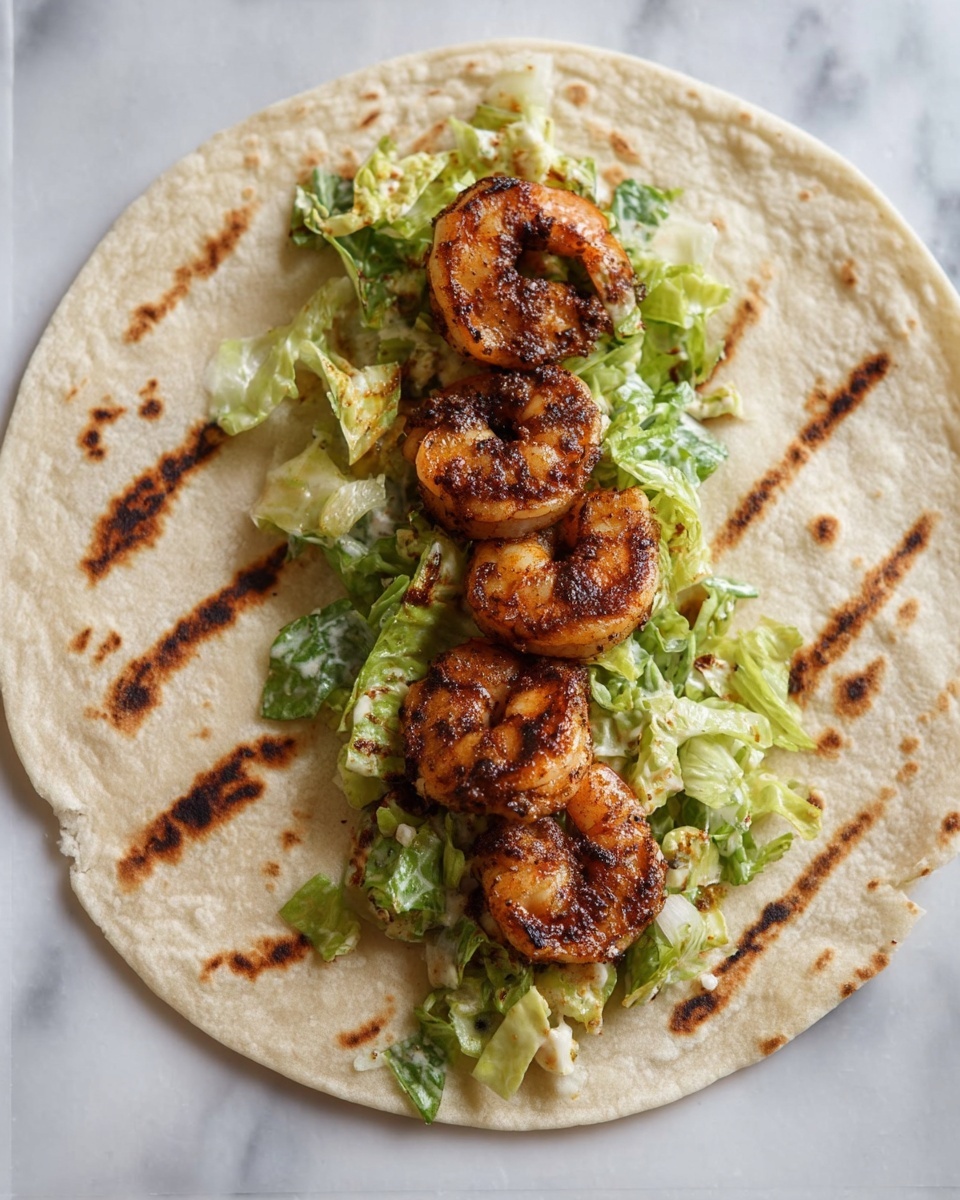 A flat white tortilla lies open on a white marbled surface with three grilled shrimp placed in a row at the center. Below the shrimp is a layer of chopped green lettuce mixed with small bits of light-colored dressing or sauce. The shrimp have a dark, spicy seasoning giving them a slightly charred look. The tortilla shows light brown grill marks spread across its surface. photo taken with an iphone --ar 4:5 --v 7