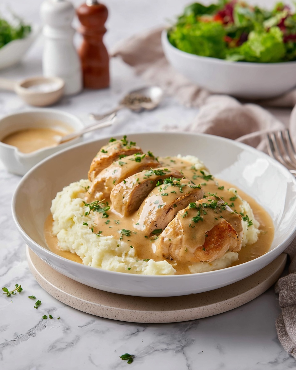 A white bowl holds a base layer of creamy mashed potatoes with a soft, fluffy texture. On top are three light brown pieces of cooked chicken arranged in a row. The chicken is covered with a light brown creamy sauce that flows gently over each piece, dotted with chopped green herbs. The bowl is set on a light beige plate, all placed on a white marbled surface. In the background, there is a white bowl with green leafy salad and a small bowl with more sauce, along with some salt and pepper shakers. Photo taken with an iphone --ar 4:5 --v 7