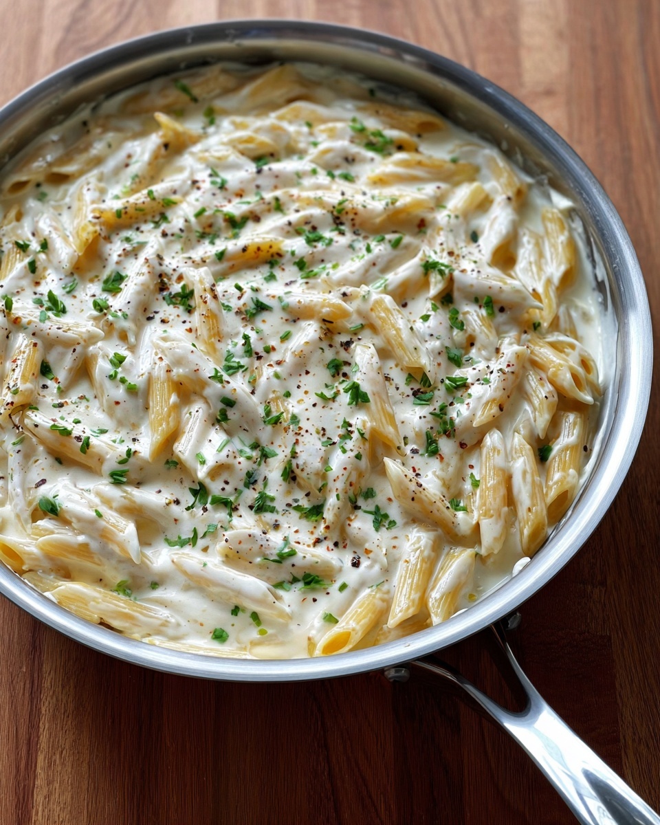 The image shows a round metal pan filled with penne pasta covered in a thick, creamy white sauce. The pasta pieces are pale yellow and partially submerged in the sauce, creating a smooth texture on top. The dish is sprinkled with finely chopped green herbs and small black pepper flakes, adding color contrast and visual interest. The pan is placed on a wooden surface, with its shiny handle visible on the right side, and the lighting highlights the creaminess and moisture of the sauce. photo taken with an iphone --ar 4:5 --v 7