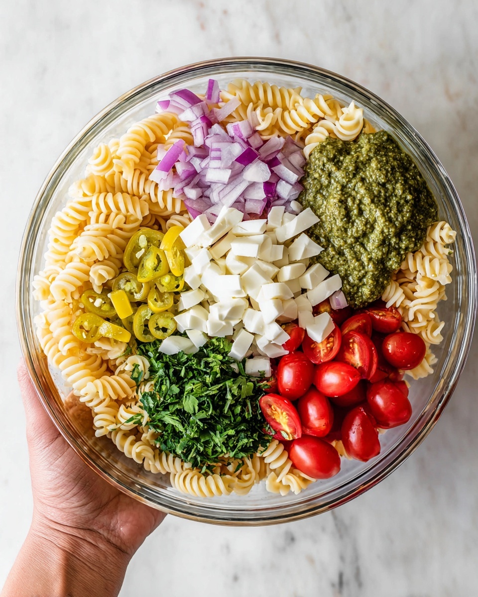 A clear glass bowl contains six layers of ingredients separated in a circular layout on top of cooked spiral pasta. Starting from the top left, there is a layer of finely chopped red onion in small purple and white pieces. To the right, a thick layer of green pesto sauce with a slightly coarse texture covers part of the pasta. Next, bright red halved cherry tomatoes fill the next section, showing shiny smooth skins and juicy flesh. Below the tomatoes, chopped fresh green herbs are finely minced, creating a dense green patch. To the left of the herbs, yellow-green sliced pepperoncini pieces with seeds visible add a vibrant touch. In the center rests a pile of small white cheese cubes. A woman's hand holds the bowl on the bottom left side, with a white marbled surface background visible below the bowl. photo taken with an iphone --ar 4:5 --v 7