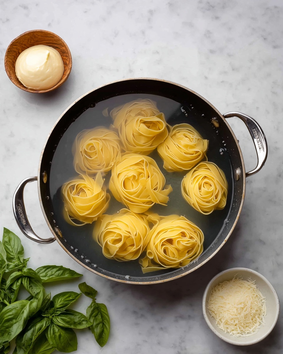 A black pan with a silver handle is filled with clear water and has seven yellow pasta nests floating inside, some fully and some partly submerged, showing their twisted ribbon shape and smooth texture. To the top left of the pan, there is a small wooden bowl with a light cream-colored spread inside. At the bottom right, there is a small white bowl filled with grated cheese, next to a bunch of fresh green basil leaves lying on the white marbled surface. photo taken with an iphone --ar 4:5 --v 7
