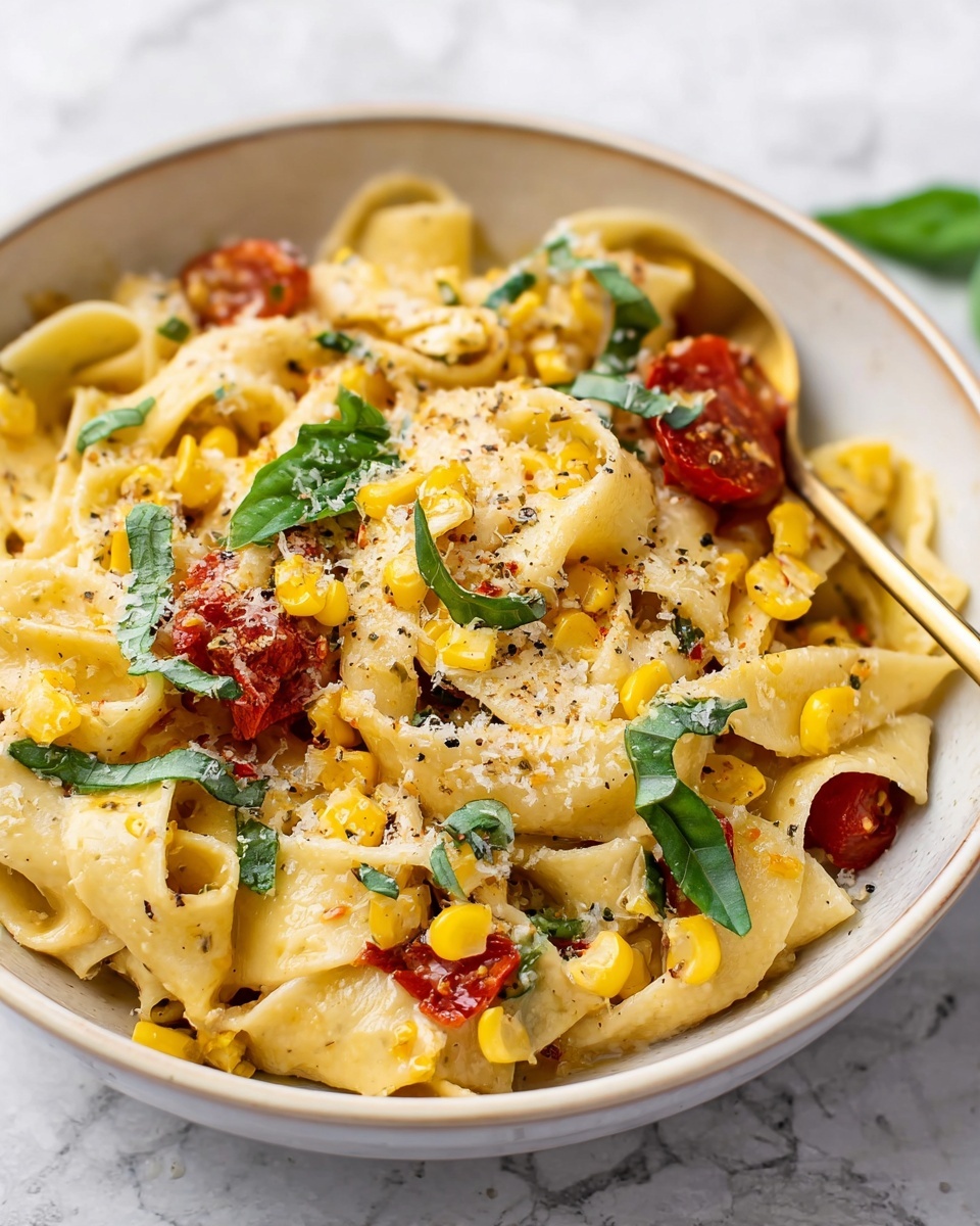 A close-up view of a white bowl filled with wide, flat pasta ribbons layered with yellow corn kernels and small red tomato pieces, sprinkled with grated cheese and black pepper. Bright green torn basil leaves are scattered throughout the dish, adding pops of color. The creamy sauce coating the pasta looks smooth and slightly glossy. A golden spoon rests inside the bowl on a white marbled surface. Photo taken with an iphone --ar 4:5 --v 7
