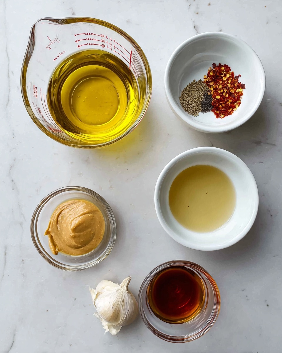 The image shows six separate ingredients placed on a white marbled surface. There is a clear glass measuring cup filled with golden yellow oil positioned at the top left. To the top right, a small white bowl holds three dry ingredients: salt, black pepper, and red chili flakes, arranged in separate sections within the bowl. Below the bowl of spices, a white bowl contains a light amber liquid, likely vinegar or broth. Near the center, a tiny glass bowl holds a dark amber liquid. At the bottom left, another small clear bowl contains a tan-colored, smooth dollop of mustard or sauce. Lastly, a single clove of garlic lies beside these bowls, slightly to the right. photo taken with an iphone --ar 4:5 --v 7