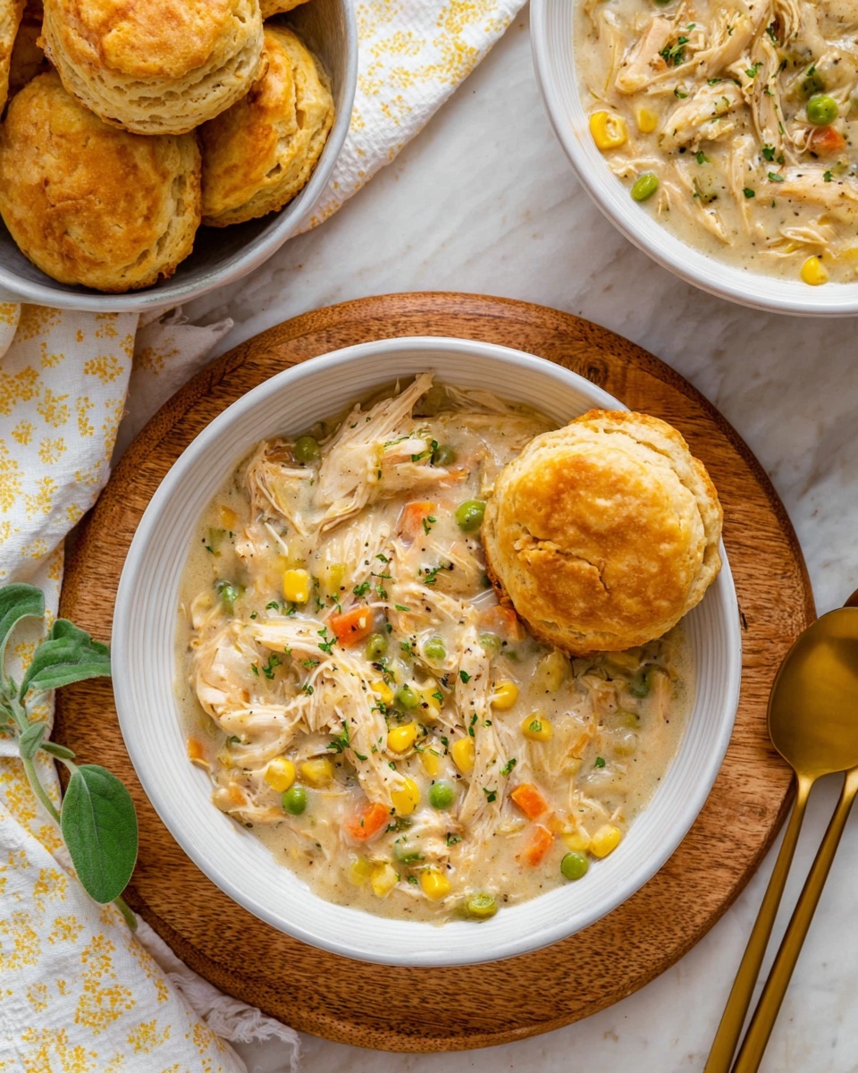 A white bowl filled with creamy chicken and vegetable stew, showing visible chunks of shredded white chicken, orange carrot pieces, yellow corn, and green peas in a thick pale beige sauce, topped with small green herb sprinkles. A golden brown biscuit rests partially on top of the stew on the right edge of the bowl. The bowl sits on a round wooden board placed on a white marbled surface, with a small green herb leaf near the bowl. In the top left corner, part of another white bowl with more biscuits is visible, and to the left, there is a white cloth with yellow patterns and two gold spoons resting on it. photo taken with an iphone --ar 4:5 --v 7