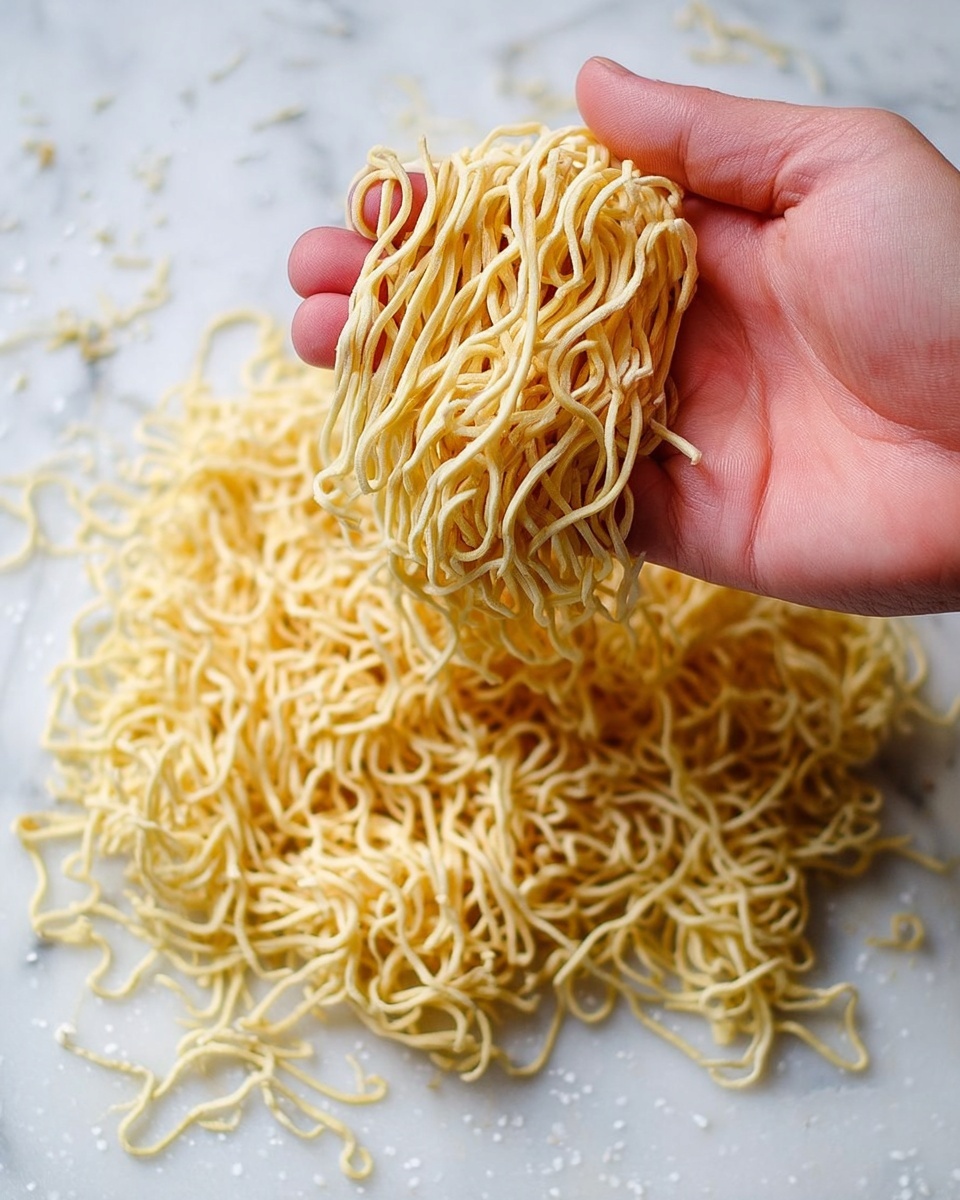 A close-up image shows a woman's hand holding a loose bundle of yellowish fresh noodles above a scattered pile of similar noodles resting directly on a white marbled surface. The noodles are thin, slightly wavy, and appear soft with a smooth texture. The lighting clearly shows the details of the noodles and the subtle sparkle of the marbled surface underneath. photo taken with an iphone --ar 4:5 --v 7